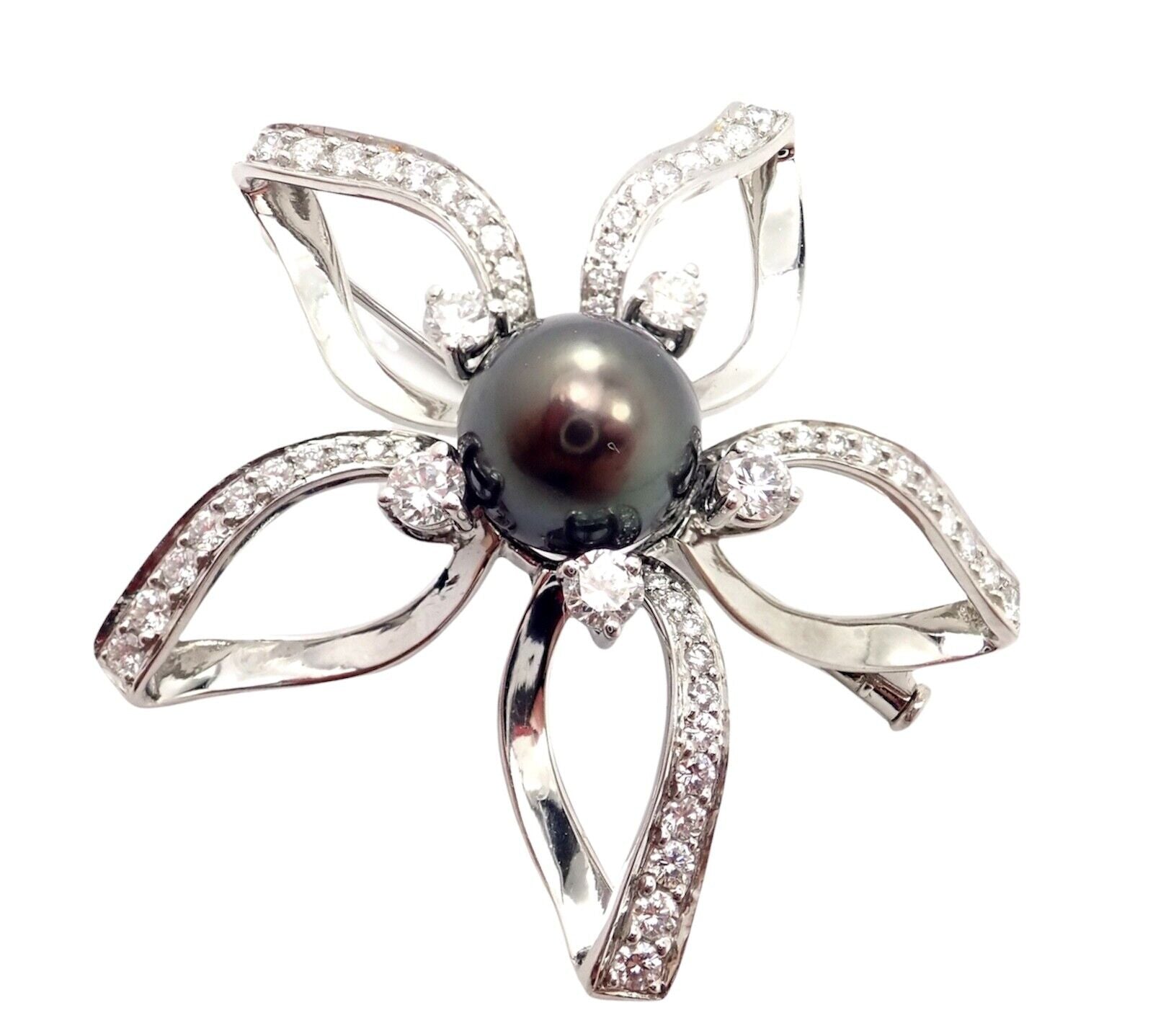 Authentic Mikimoto Platinum Diamond Tahitian South Sea Pearl Brooch Pin - Luxury Pearl Jewelry for Women, Elegant Gift for Special Occasions, Perfect for Weddings, Anniversaries and Formal Events