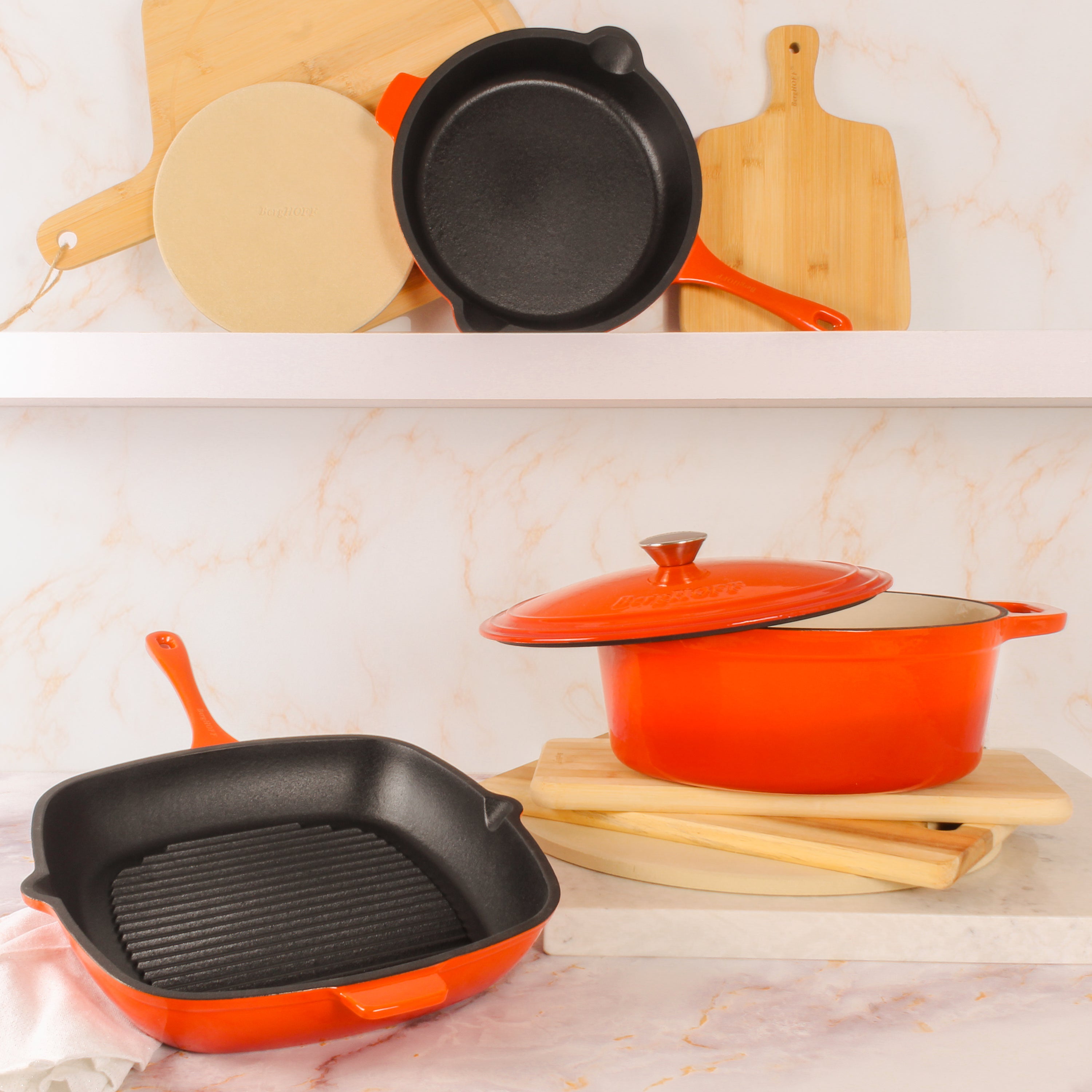 BergHOFF Neo 4-Piece Cast Iron Cookware Set - Grill Pan, Fry Pan & Oval Dutch Oven, Orange | Premium Kitchen Cookware for Grilling, Frying & Braising | Ideal for Stovetop, Oven & Outdoor Cooking