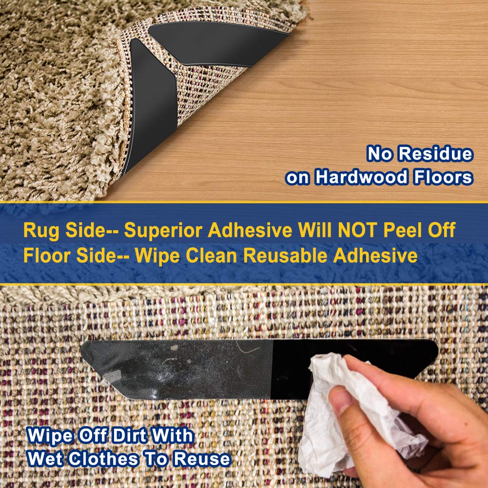 10-Pack Non-Slip Rug Grippers for Hardwood Floors | Anti-Curl Carpet Tape | Reusable Anti-Slip Rug Underlay to Secure Rugs & Flatten Corners | Perfect for Living Room, Bedroom & Office Floor Protection