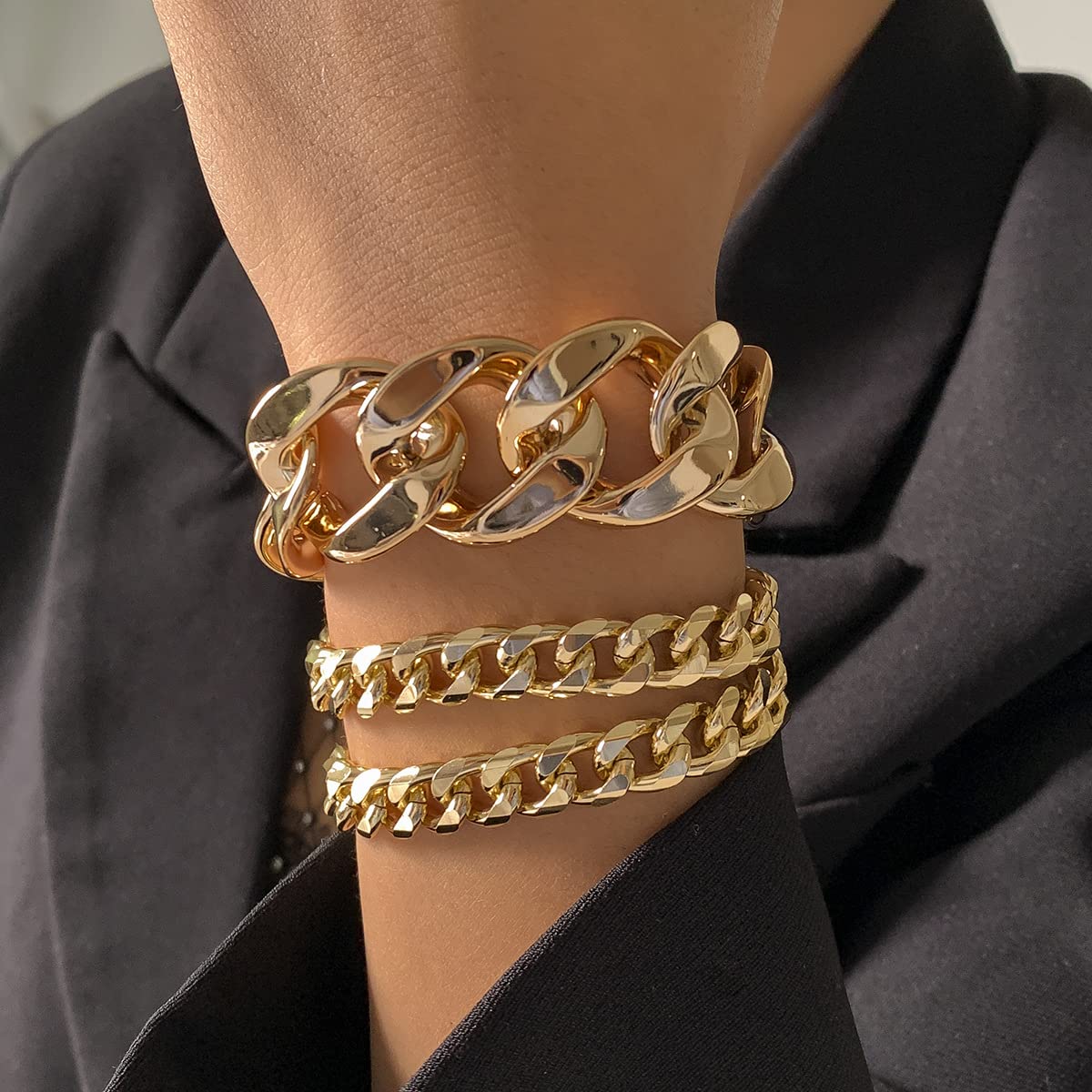 Ymqewq Kenfery Punk Cuban Link Chain Bracelets Set - 3pcs Stacking Hip Hop Chunky Curb Chain Bangle Jewelry for Women - Perfect for Layering, Streetwear Fashion & Gift Giving