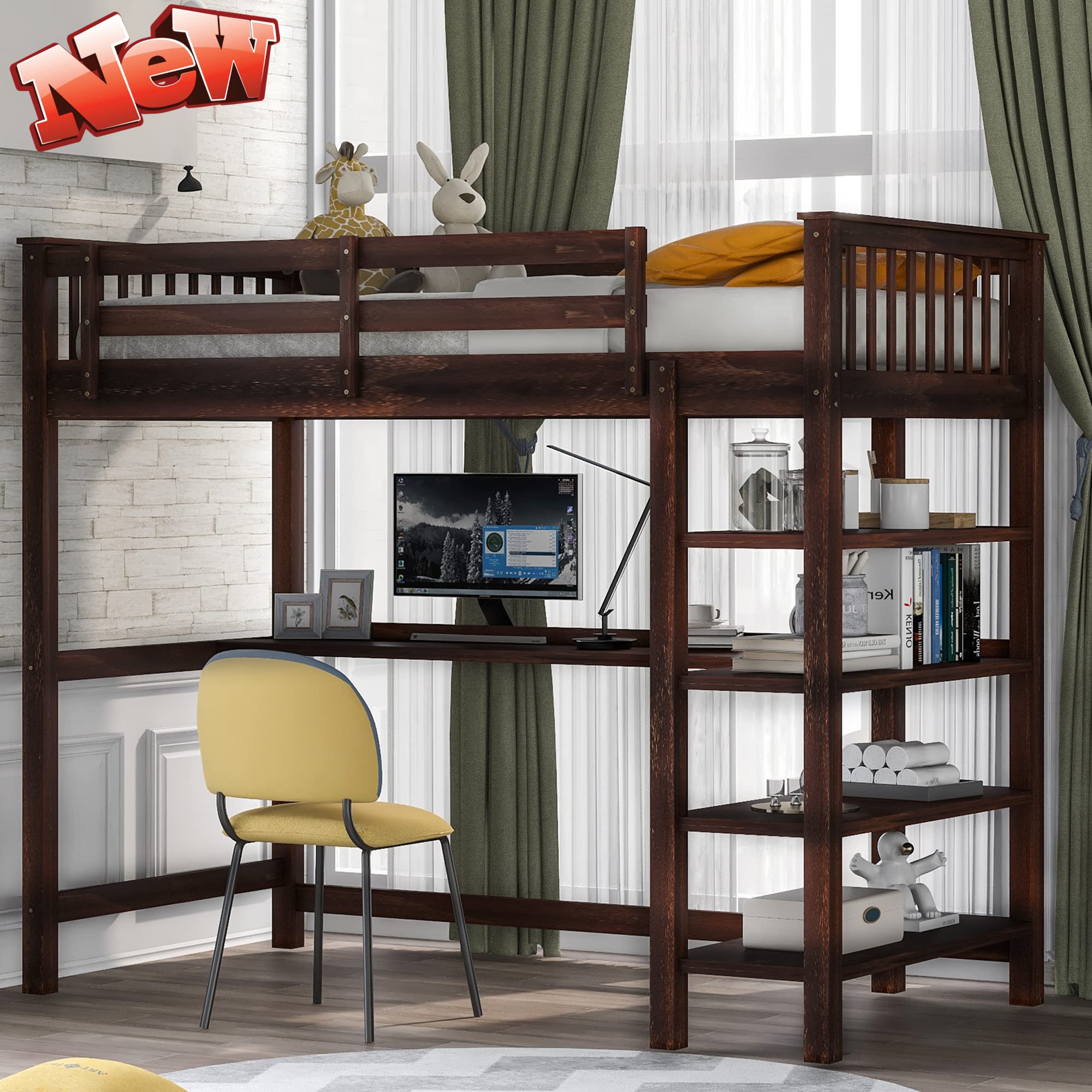 **LEEXCCOS High-Quality Wooden Loft Bed with Desk & Storage Shelves - Twin Size, Espresso - Study & Sleep Space Saver for Kids, Teens & Adults - Sturdy Full-Length Guardrail & Built-in Ladder**    *(Perfect for Small Bedrooms, Dorms, Apartments & Home Offices - Maximizes Space with Under-Bed Desk & Shelves for Books, Toys & Decor)*