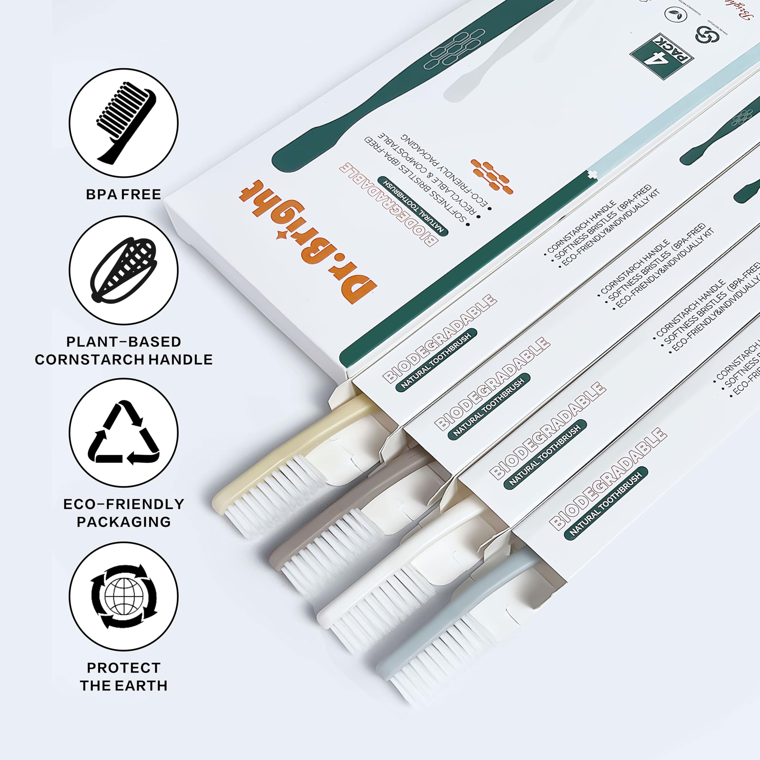 Eco-Friendly Biodegradable Toothbrushes for Adults - 4 Pack Soft Bristles, Natural & Compostable, Recyclable Green Dental Care with Individual Packaging - Perfect for Travel, Home & Sustainable Lifestyle