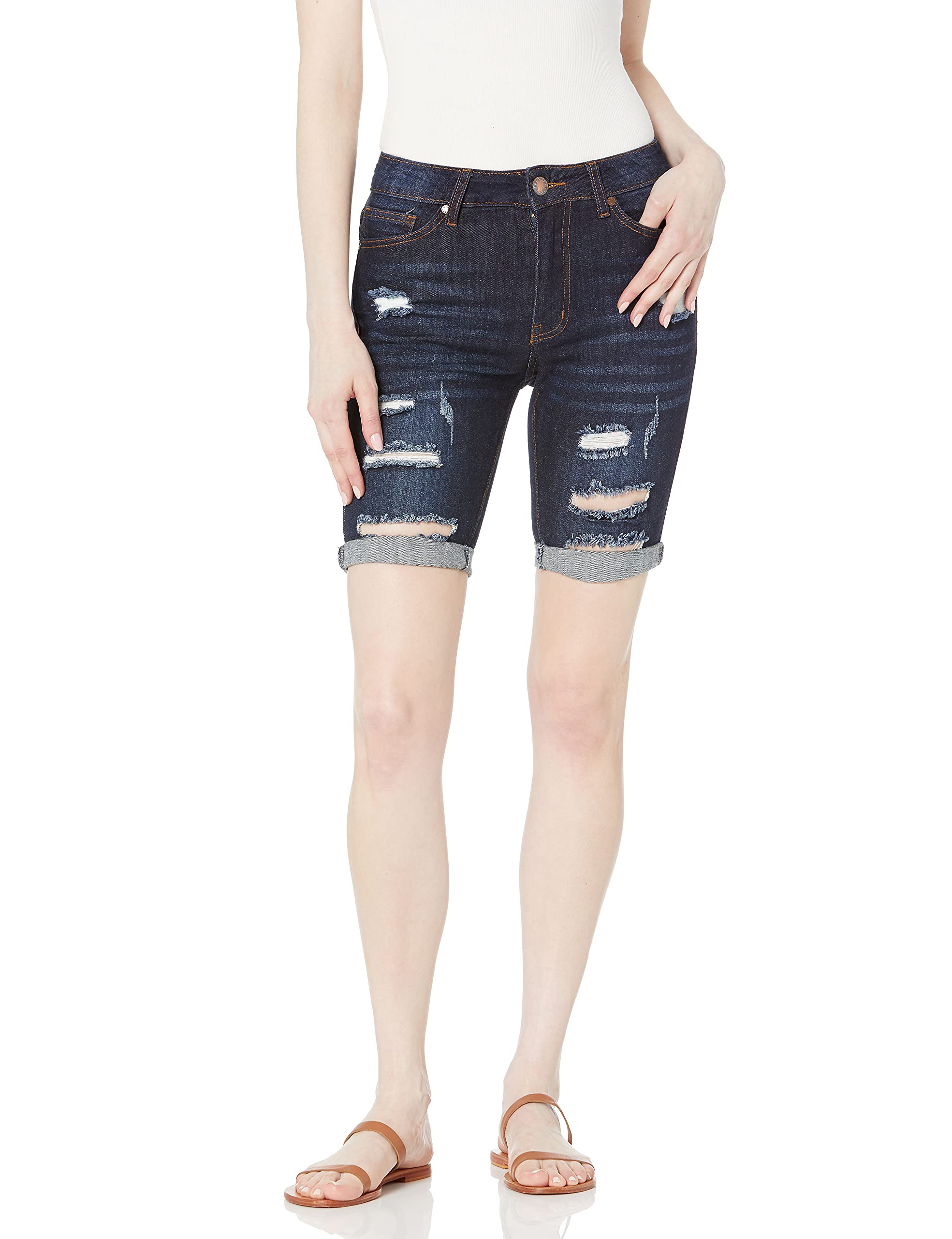 COVER GIRL Women's High Waisted Denim Shorts - Stretch Bermuda Capri Jeans for Juniors (Ripped or Basic Style) | Perfect for Summer Outfits, Beach Vacations & Casual Wear