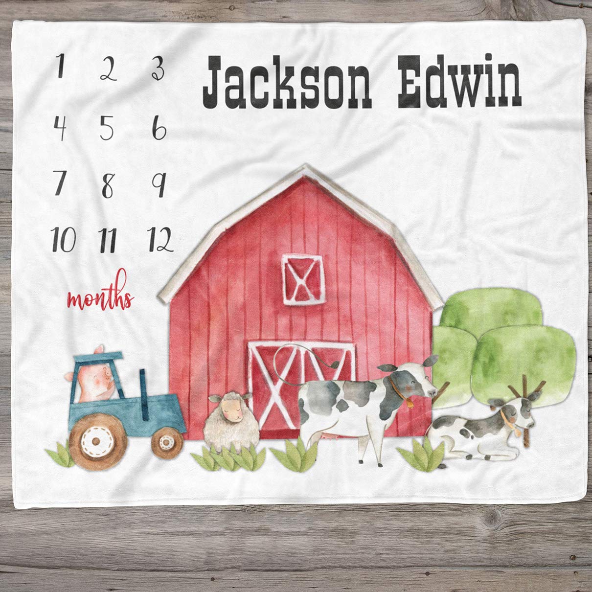 Personalized Farm Animal Baby Blanket with Name - Custom Tractor Barn Cows Design for Monthly Growth Tracking - Perfect for Newborn Photo Props & Milestone Memories