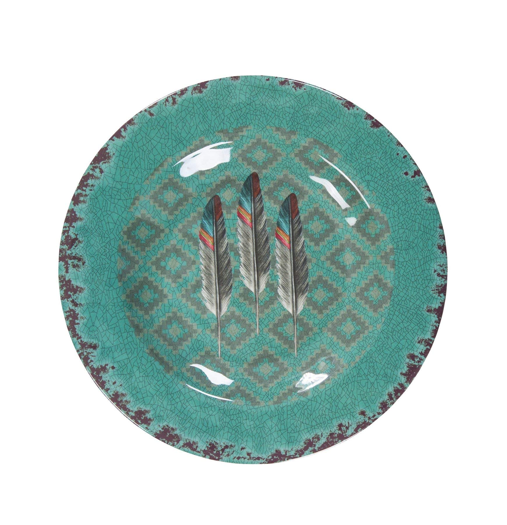 HiEnd Accents 14-Piece Melamine Dinnerware Set - Western Style Feather Print in Orange, Tan, Brown & Teal - Durable Plastic Plates, Bowls & Serving Dish - Southwestern Aztec Tribal Design for Rustic Dining | Perfect for Outdoor Picnics, BBQ Parties & Southwestern-Themed Decor
