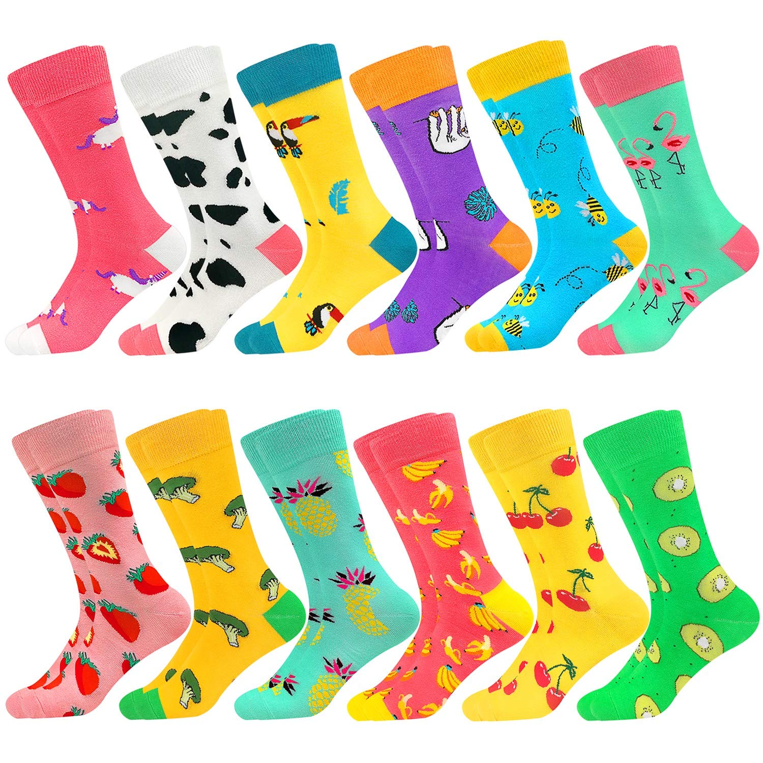 Vibrant Colorful Funky Patterned Crew Socks - 6 Pack Soft Combed Cotton Stockings for Women & Men - Perfect for Casual Wear, Gifts, and Fashion Statements