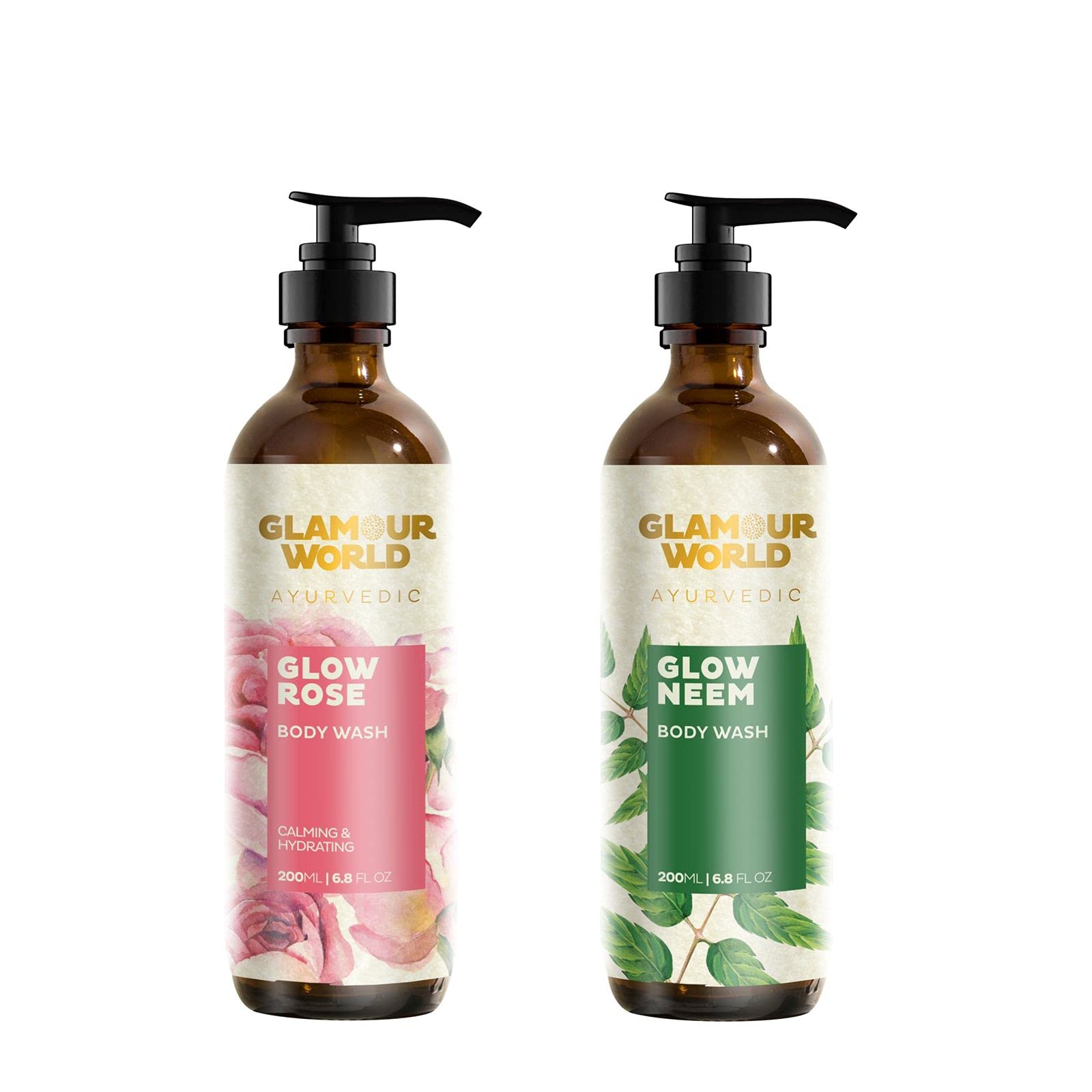 Glamour World Ayurvedic Glow Rose & Neem Body Wash with Aloe Vera, Tulsi, Honey & Lemon Oil - Natural Skin Cleanser for Dry, Sensitive Skin - Perfect for Daily Shower & Spa Relaxation