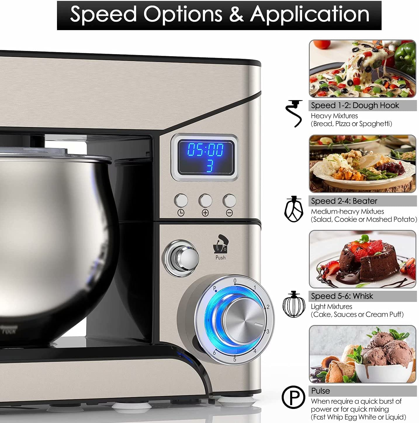 5.3-QT Stand Mixer with LCD Display - 6+ Speed Tilt-Head Electric Kitchen Mixer, Stainless Steel Bowl & Attachments (Dough Hook, Beater, Whisk) - Perfect for Baking Cakes, Cookies, Bread & Pastries