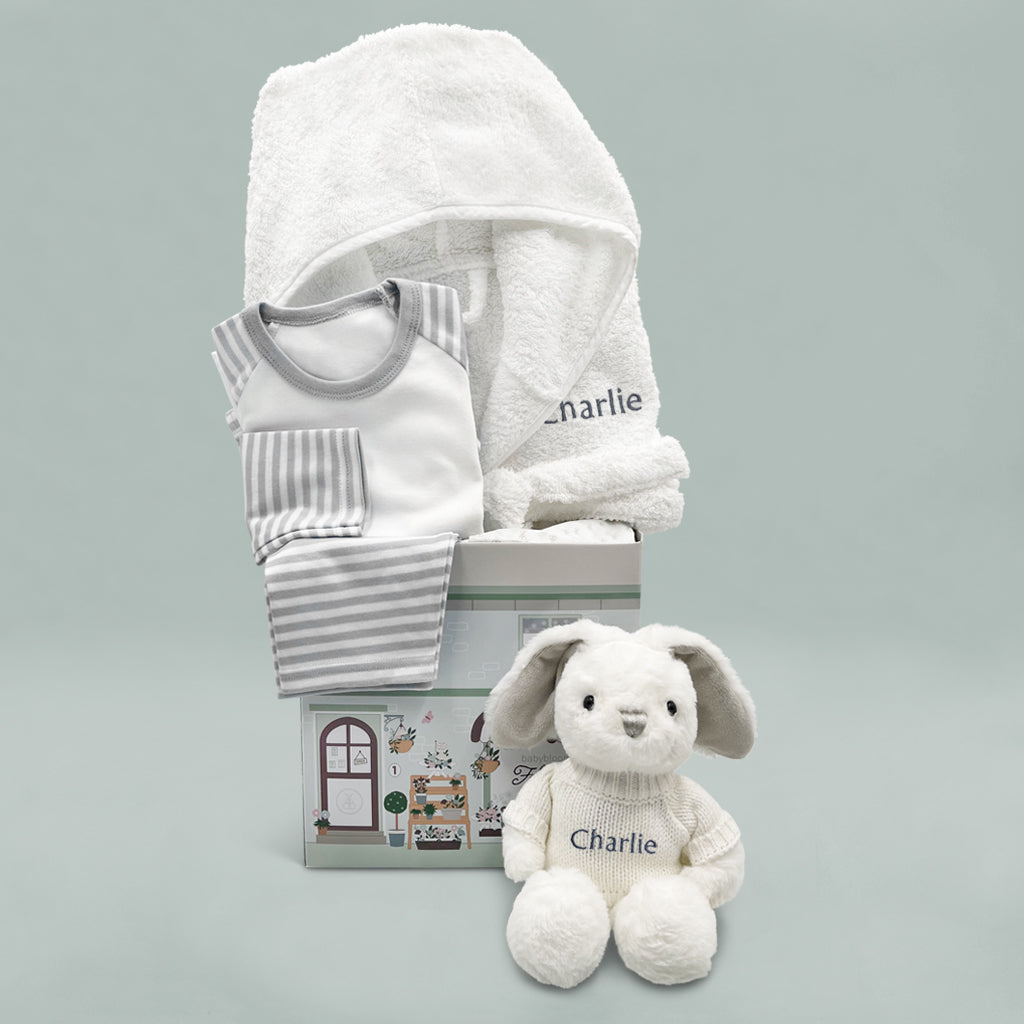 Personalized Little Bunny Bathrobe & Bedtime Hamper Set for Babies 6-12 Months - Soft Grey & White Baby Gift for Bath Time, Bedtime & Nursery Decor