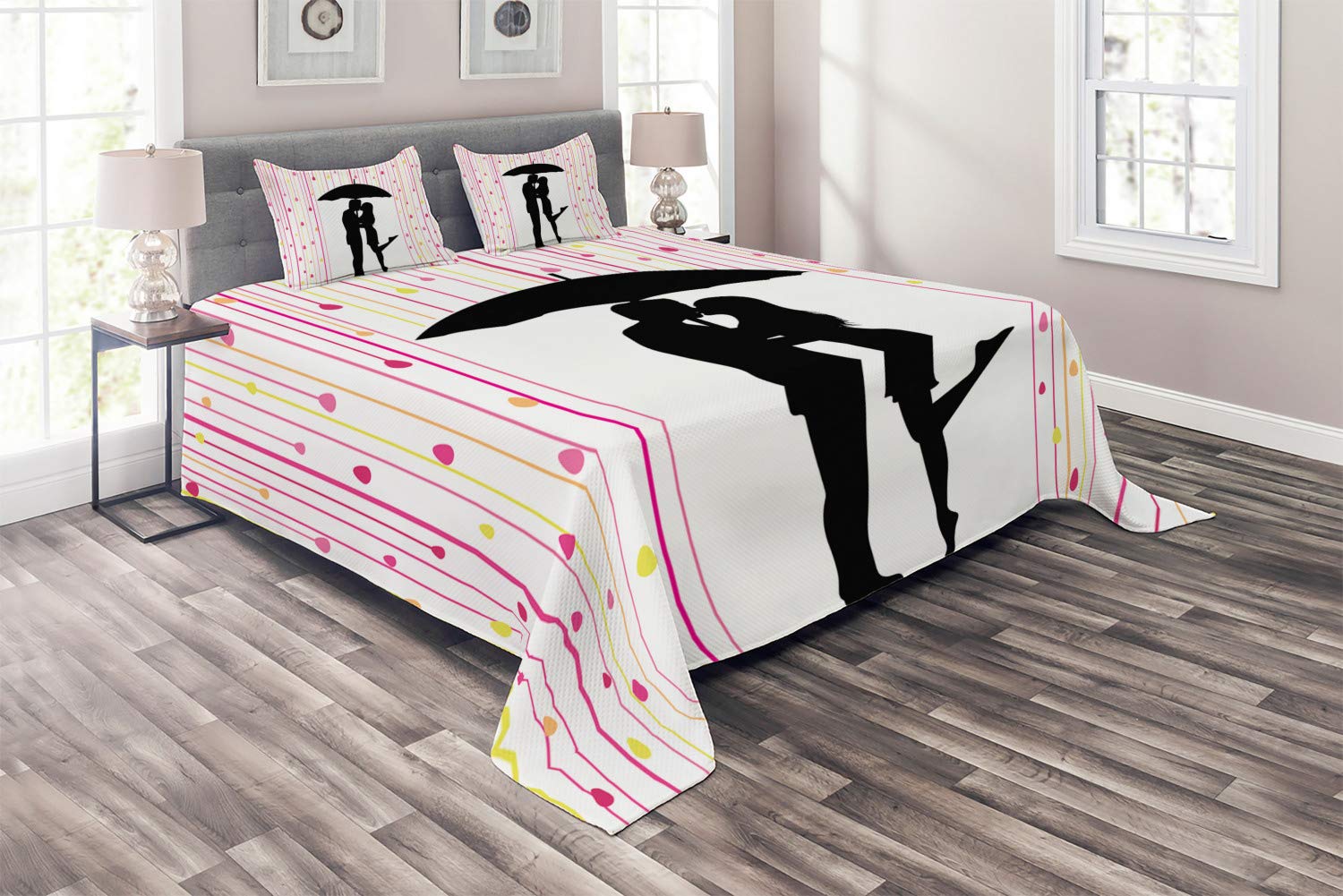 Ambesonne Romantic Couple Under Umbrella Quilt Set - King Size 3-Piece Bedspread with Pillow Shams, Abstract Colorful Raindrop Design in Dark Brown White & Multicolor - Perfect for Master Bedroom Decor & Cozy Couples Retreat