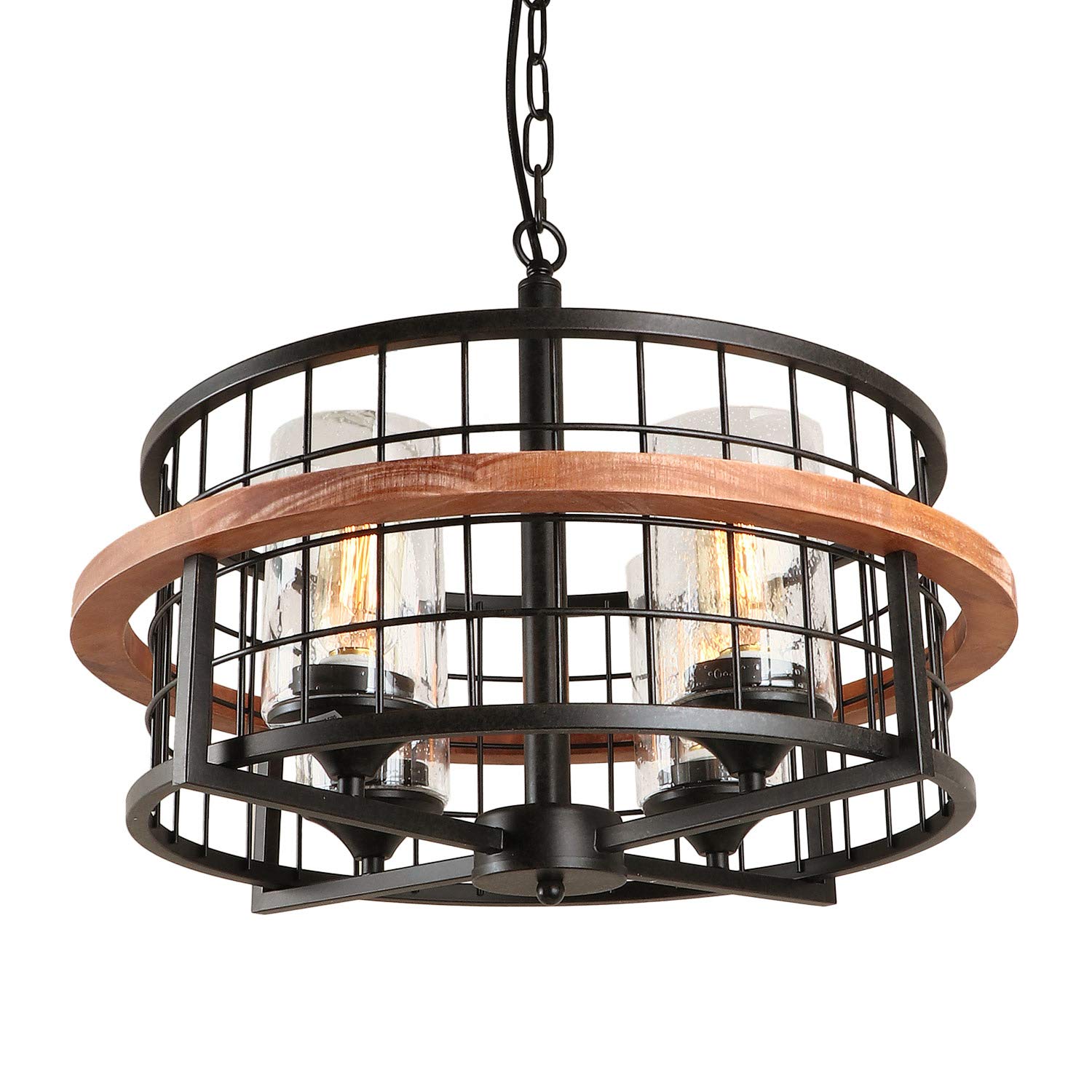 Giluta 4-Light Round Chandelier with Seeded Glass Shades - Oak Wood Industrial Drum Pendant Light for Kitchen Island & Farmhouse Dining Room - Perfect for Rustic Home Decor and Cozy Dining Ambiance