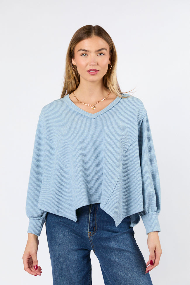 Never Say Never Dusty Blue Ribbed Knit V-Neck Long Sleeve Top for Women | Soft Stretch Casual Shirt | Perfect for Work, Date Night & Everyday Wear
