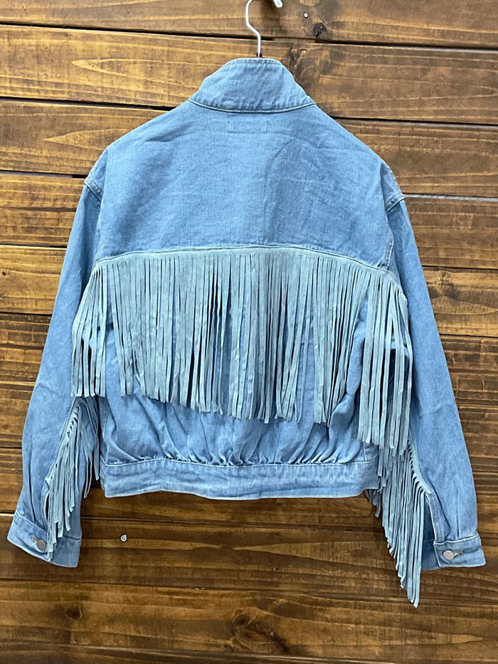 Fate FJ4302 Women's Light Medium Wash Fringe Denim Jacket - Stylish Outerwear for Casual Outings & Boho Fashion