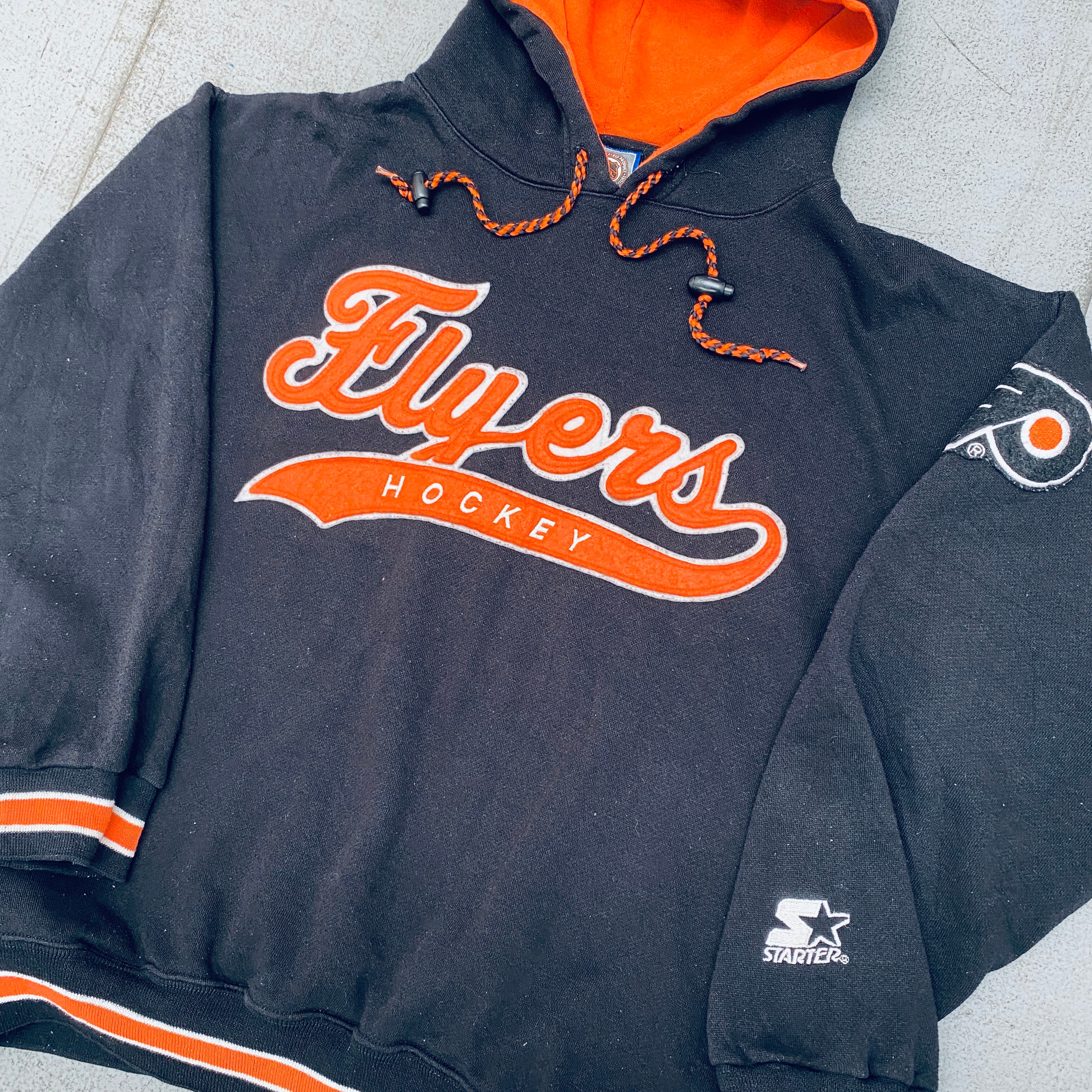 Philadelphia Flyers 1990s Vintage Starter Script Spellout Hoodie Sweatshirt - Men's & Women's S - Retro NHL Hockey Fan Apparel for Game Day & Casual Wear