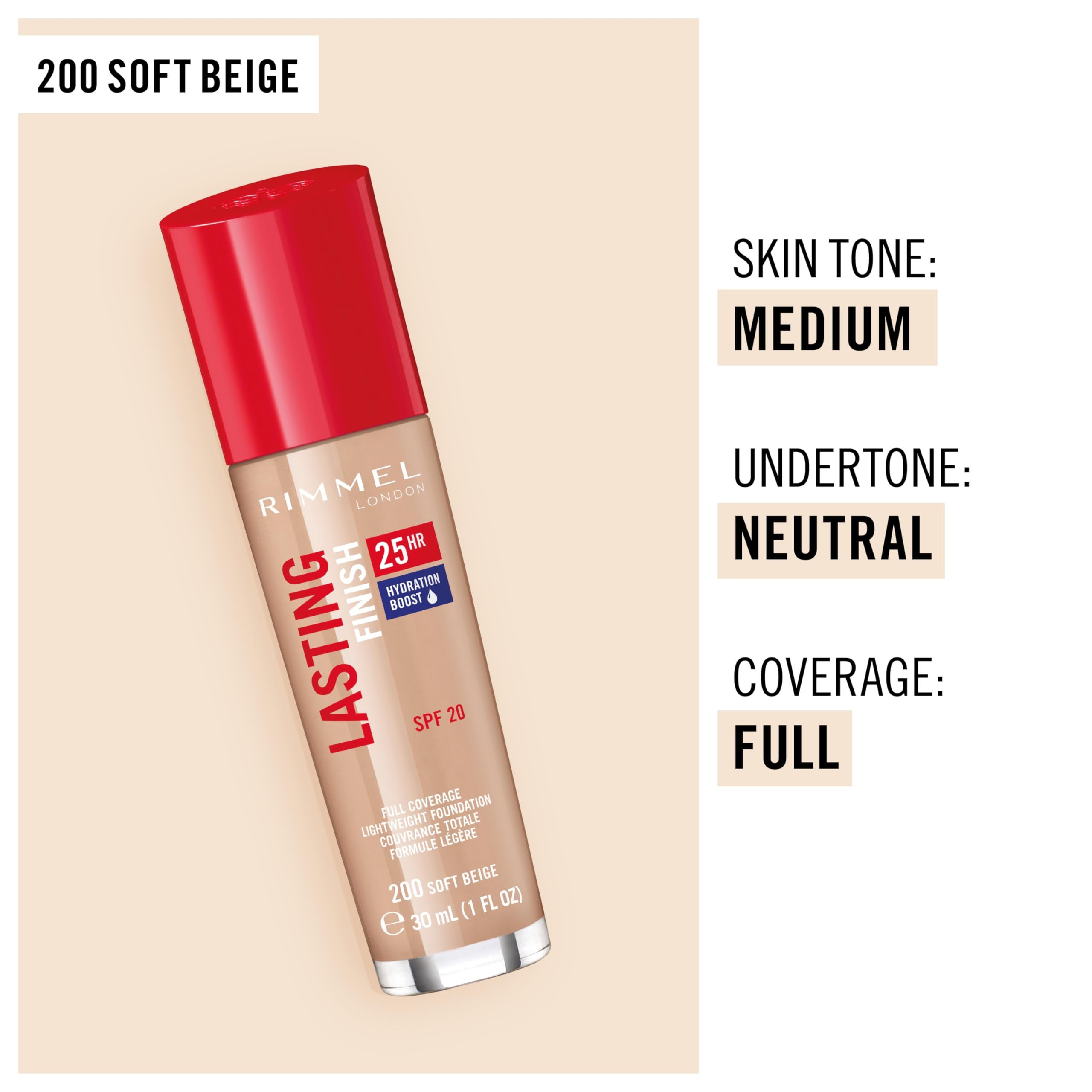 Rimmel London Lasting Finish 25HR Foundation - 200 Soft Beige - 25-Hour Wear, Full Coverage, Waterproof, 1oz - Perfect for Long Days, Events & Waterproof Makeup Looks