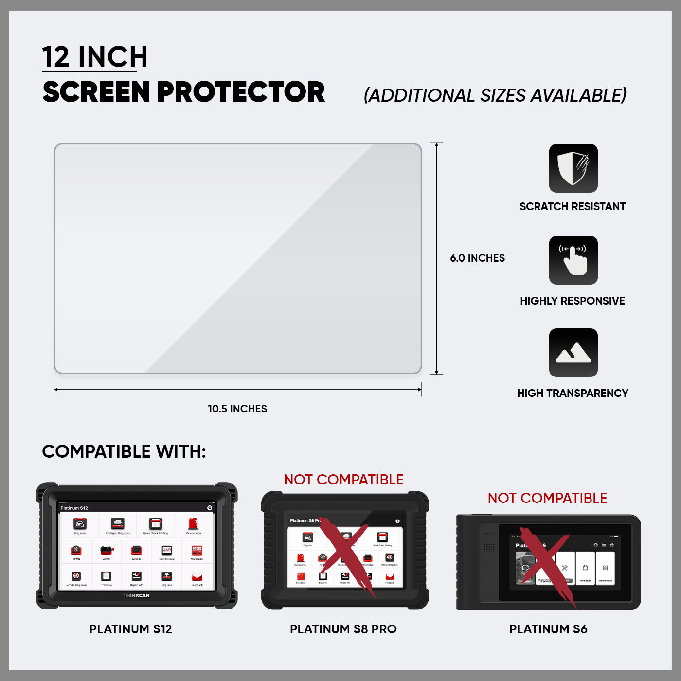 12 Inch Screen Protector for Thinkcar PLATINUM S12 Vehicle Diagnostic Scanner - HD Clear Anti-Scratch Film (1 Pack) - Perfect for Auto Repair Shops & DIY Car Diagnostics