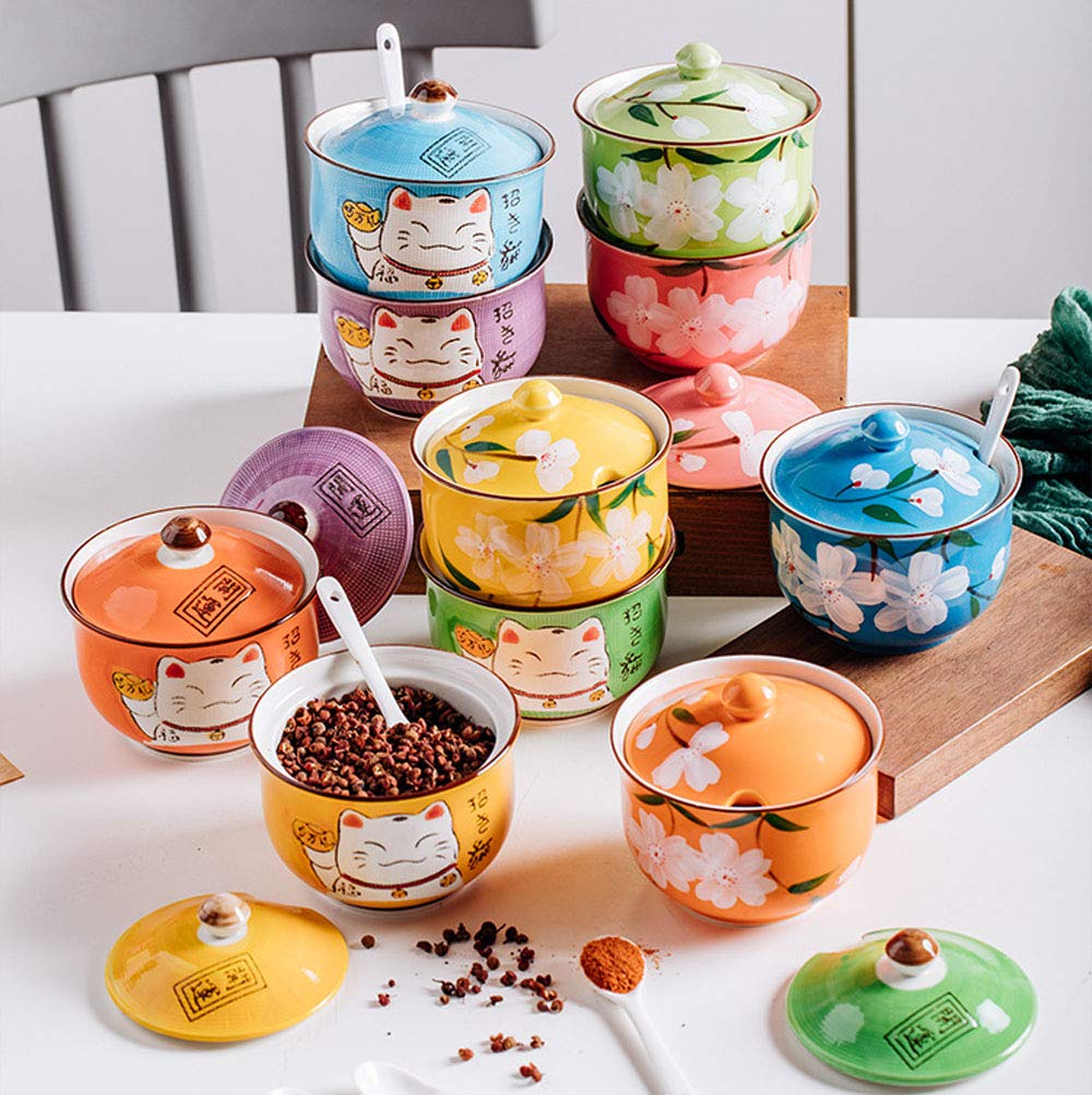 Hand-Painted Floral Ceramic Condiment Jar with Lid & Spoon - Sugar Bowl, Spice Container, Seasoning Pot for Kitchen, Dining Table & Tea Party Decor