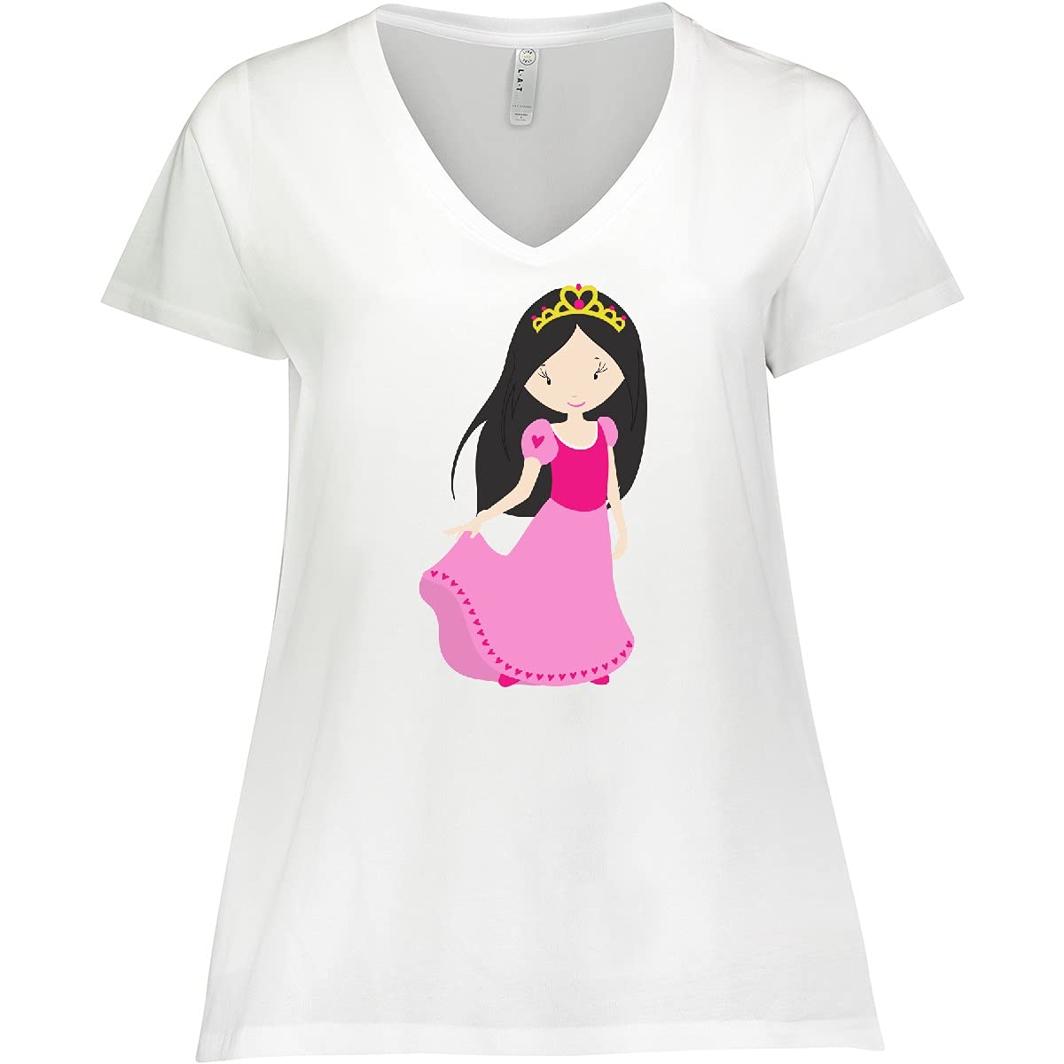 Inktastic Cute Princess with Crown, Black Hair & Pink Dress - Women's Plus Size V-Neck T-Shirt - Perfect for Birthday Gifts, Cosplay & Princess-Themed Parties