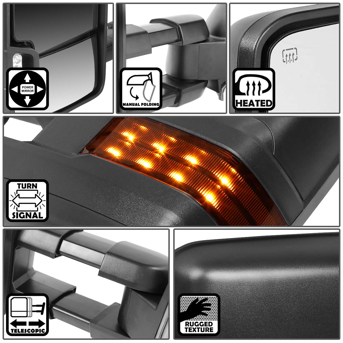 DNA Motoring TWM-030-T888-BK-AM Power Heated Foldable Towing Side Mirrors Replacement for 1999-2002 Chevy Silverado/GMC Sierra, 2000-2002 Chevy Tahoe/Suburban/GMC Yukon with Amber Turn Signal - Enhanced Visibility for Towing & Night Driving
