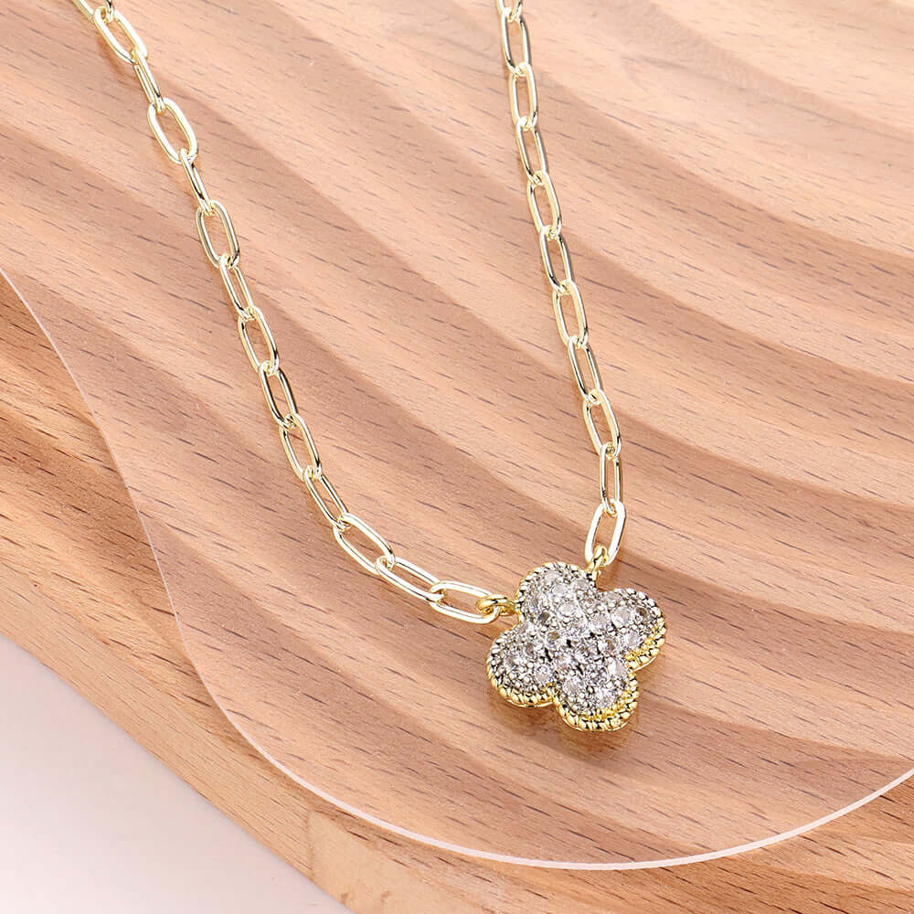 14K Gold Plated CZ Stone Quatrefoil Pendant Necklace for Women - Elegant Cubic Zirconia Jewelry Gift for Birthday, Anniversary & Special Occasions