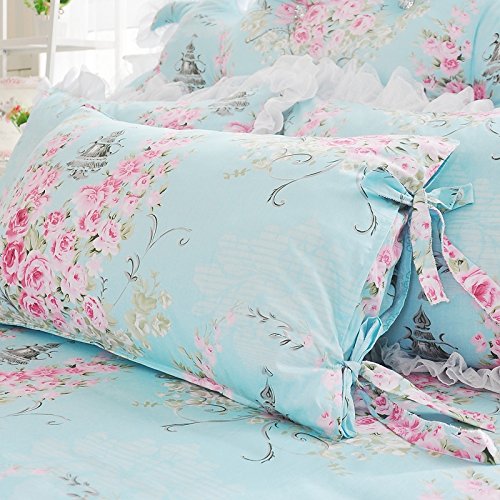 LELVA 4-Piece Floral Bedding Set for Girls - Romantic Rose Print Duvet Cover with Lace Ruffle & Bed Skirt, Full Size Blue - Perfect for Princess Themed Bedrooms & Teen Girl Decor