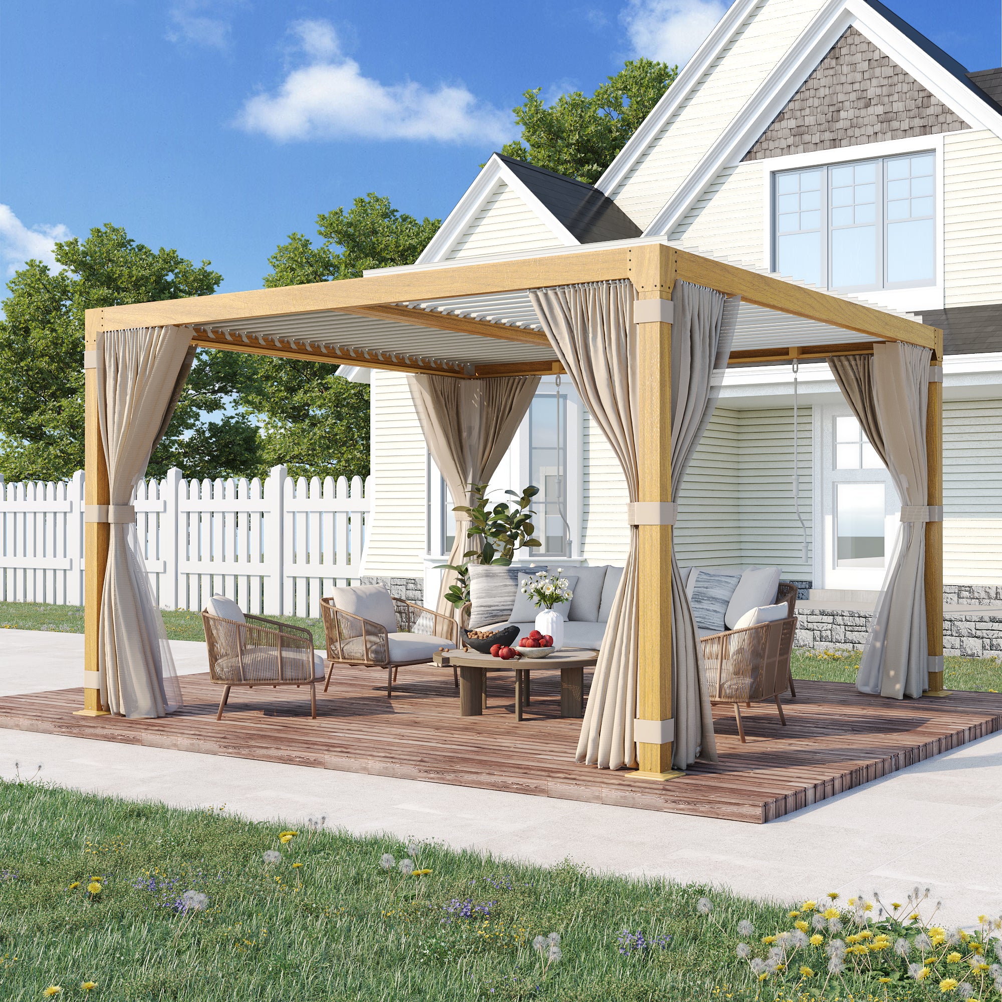 EROMMY 12x12 Louvered Pergola with Adjustable Wood Grain Roof - Perfect for Decks, Gardens & Backyards | Outdoor Shade Solution for Patio, Poolside & BBQ Areas