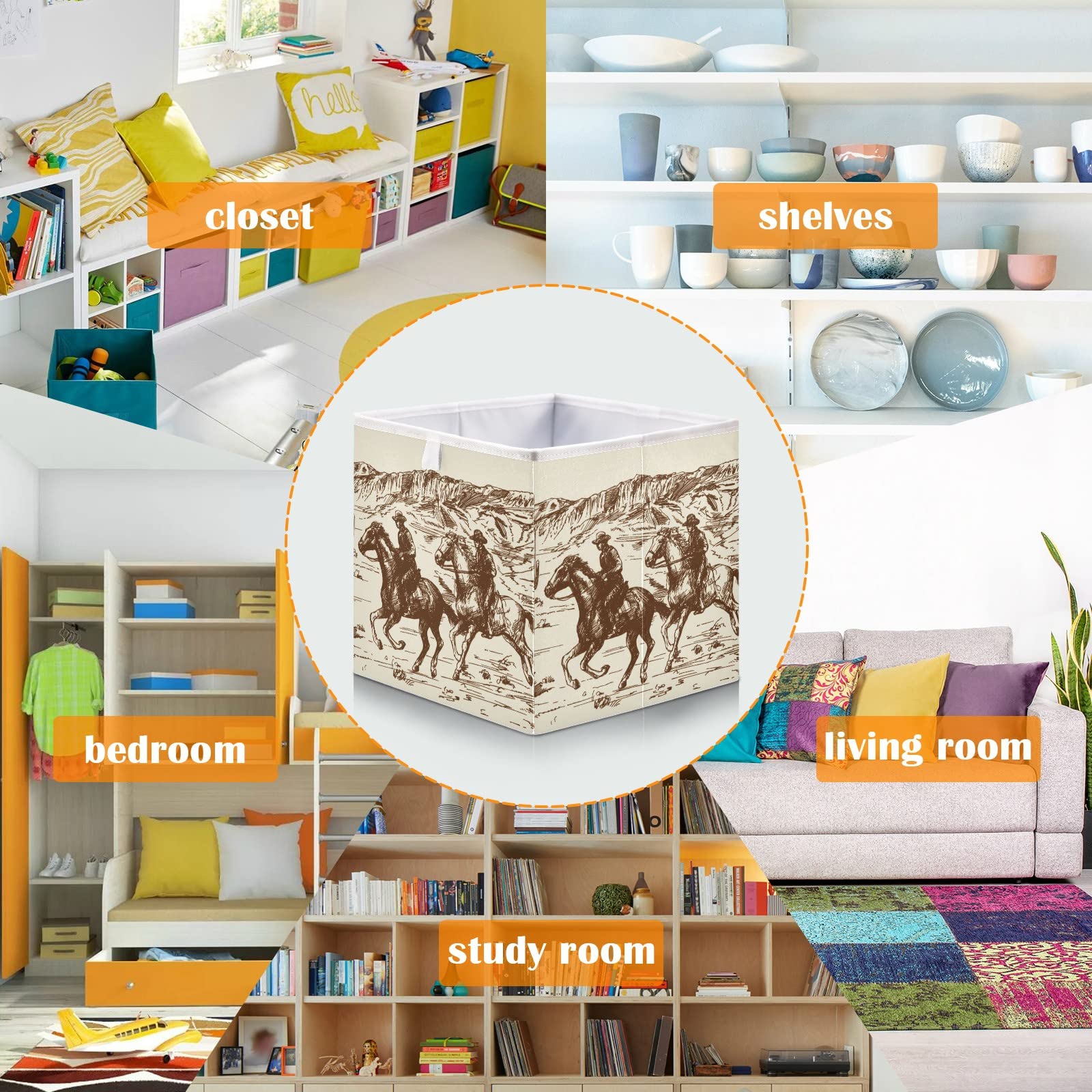Foldable Collapsible Storage Baskets for Shelves - 16 x 11 Inch Organizer Bins with Handles for Clothes, Toys, Books | Home, Office & Pantry Organization | Durable & Stylish Storage Solution for American Cowboys Decor