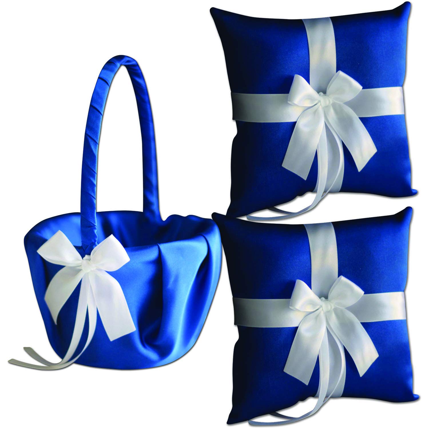 Ivory Flower Girl Basket and Ring Bearer Pillow Set - Handmade Wedding Basket & Pillow Combo in Royal Blue & White (2 Pillows + 1 Basket) - Perfect for Church Weddings, Outdoor Ceremonies & Vow Renewals