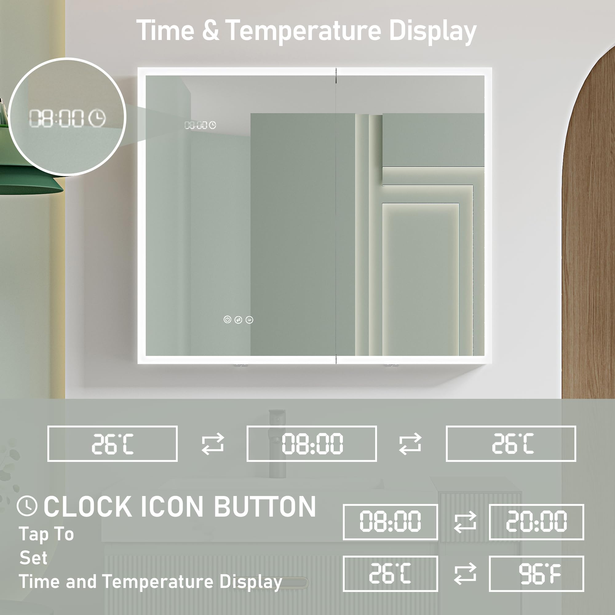 36 x 30 Inch LED Bathroom Medicine Cabinet with Anti-Fog Mirror - 3 Color Lighting, Adjustable Brightness, Time & Temperature Display - Surface Mount Touch Switch for Modern Bathrooms & Vanities