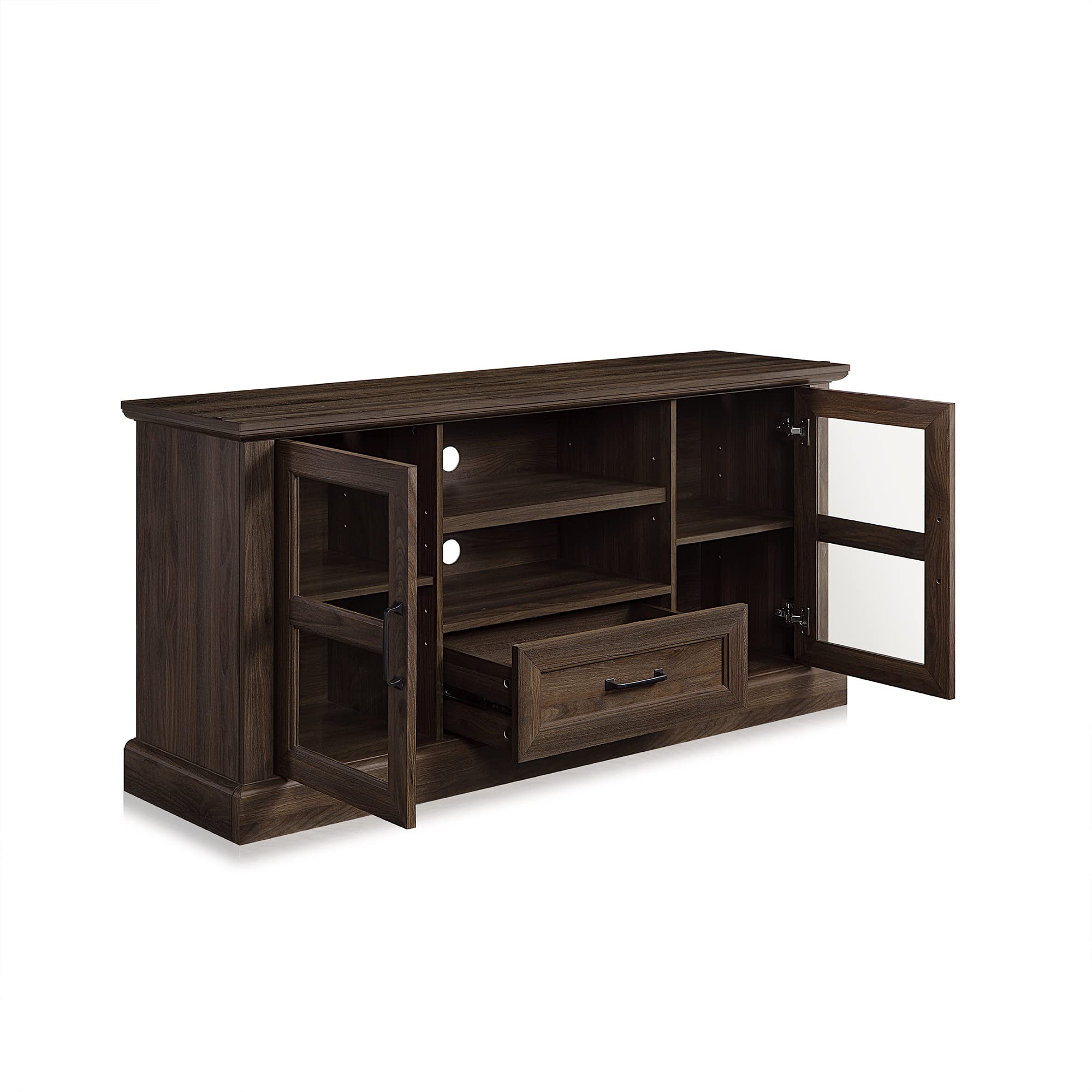 BELLEZE Rustic 62 Inch Modern TV Stand for 70 Inch TVs - Dark Walnut Entertainment Center with Adjustable Shelves & Glass Cabinet Doors - Perfect for Living Room, Bedroom & Home Theater Setup