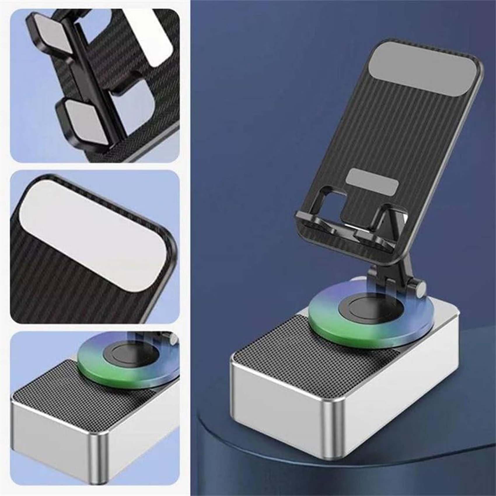 360° Rotatable Adjustable Bluetooth Speaker Phone Stand - Wireless Charging Holder with Built-in Speaker for iPhone & Android - Perfect for Home, Office & Car Use