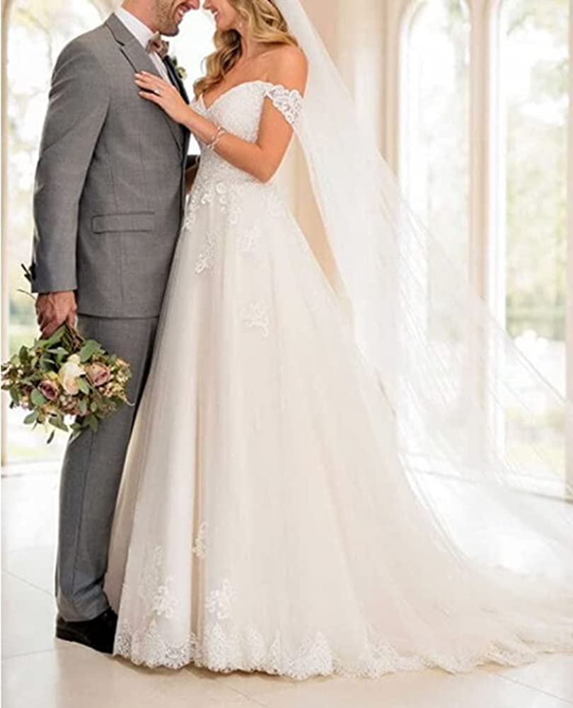 Snow Lotus Women's Off Shoulder Wedding Dress - Elegant Lace Applique A-Line Bridal Gown for Bride, Beach Wedding, Church Ceremony & Romantic Photoshoot