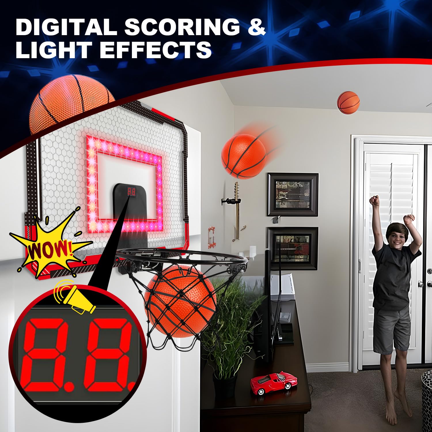 Indoor Basketball Hoop for Kids & Adults - Over Door Mini Hoop with 4 Balls - Perfect for Home & Office Play