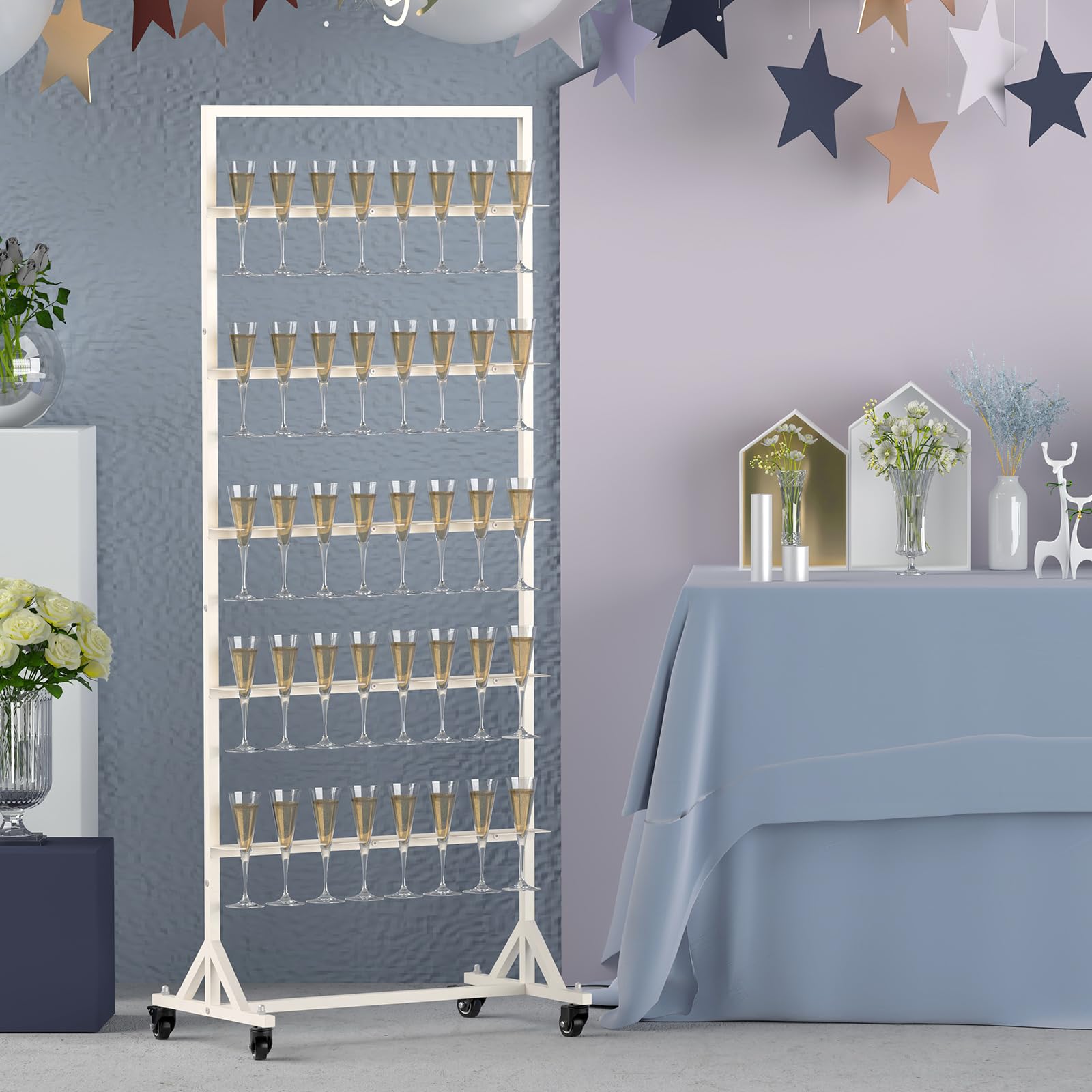 5-Tier Metal Champagne Wall Holder for Party - Holds 40 Glasses with Swivel Casters | Wedding, Birthday & Event Champagne Flute Display Stand (White, Glasses Not Included) - Perfect for Wedding Receptions, Bridal Showers & Cocktail Parties