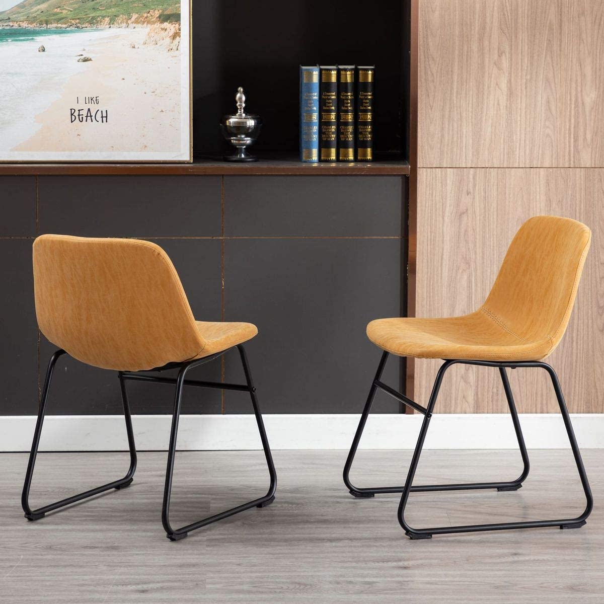 Vanity Art PU Leather Dining Chairs Set of 2 - Modern Armless Kitchen & Dining Room Chairs with Metal Legs in Yellow Tan (UC-13T) - Perfect for Small Spaces, Breakfast Nooks & Contemporary Dining Areas