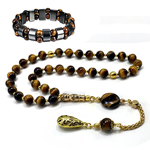 Tiger Eye Stone-Gold Tassel and Tiger Eye Bracelet (8 mm-33 beads)
