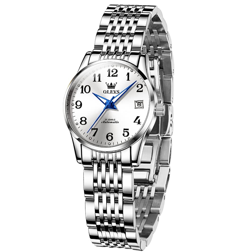 Elegant Automatic Women's Watch with White Face & Date Display - Self-Winding Dress Watch for Small Wrist | Perfect for Office, Formal Events & Everyday Wear