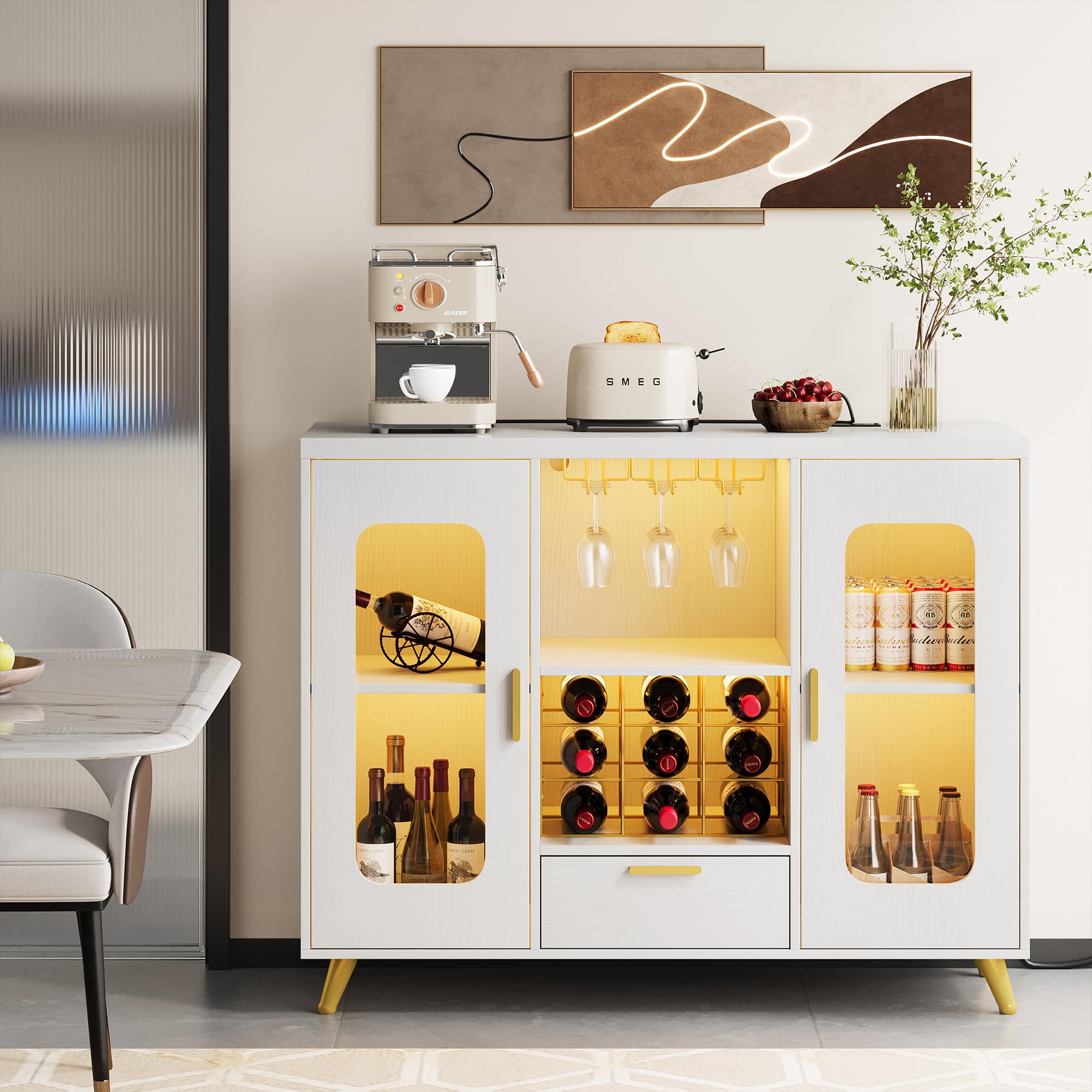 Modern LED Wine Bar Cabinet with Power Outlet - Coffee & Liquor Storage with Built-in Wine Rack & Glass Holder - White Buffet Sideboard for Dining Room, Living Room, Kitchen - Perfect for Home Entertaining & Stylish Storage