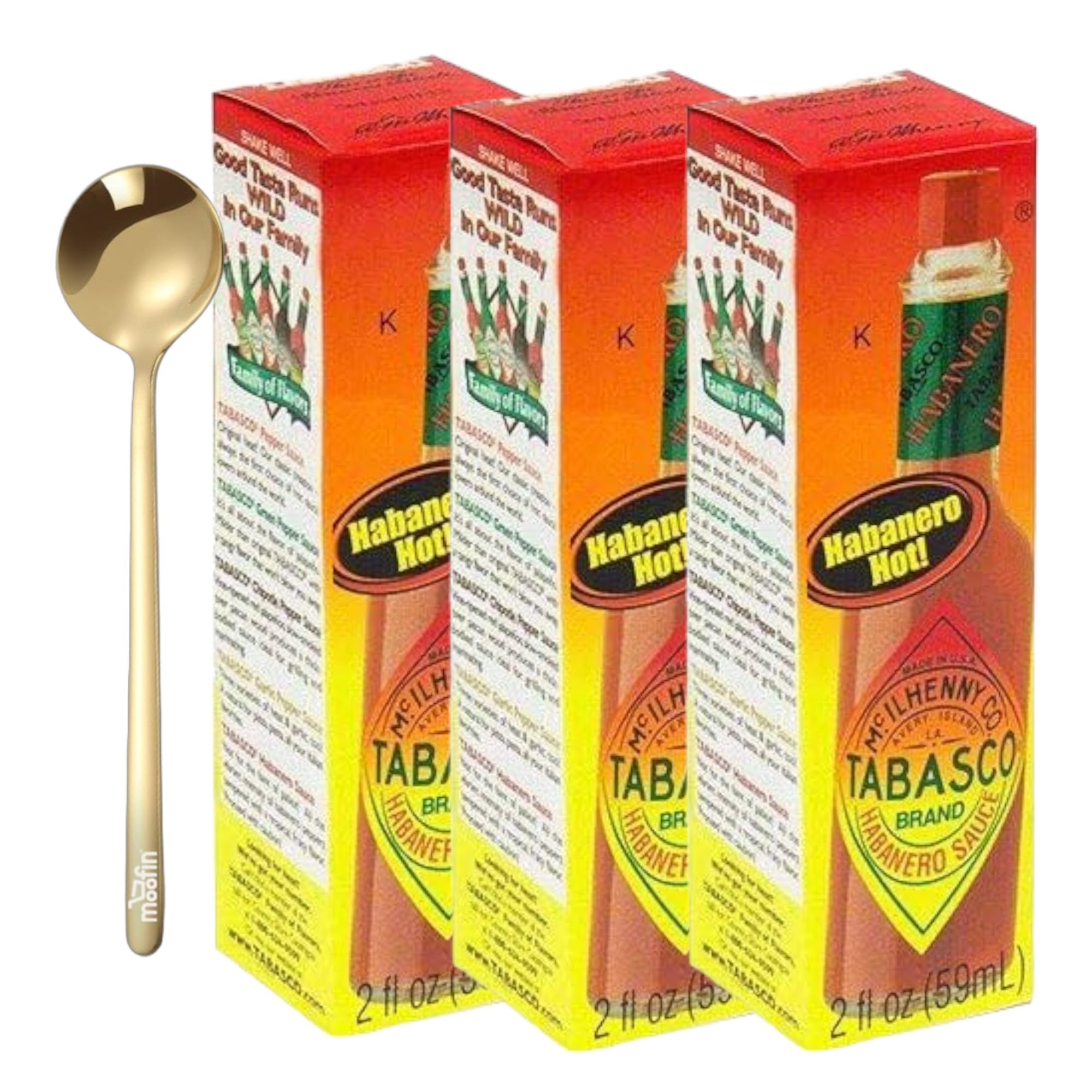 TABASCO Habanero Hot Sauce 3-Pack (2 oz Bottles) - Fiery Spicy Pepper Sauce with Portable Mini Bottles & Moofin Golden SS Spoon - Louisiana Style Condiment for Tacos, Wings, Burgers & On-the-Go Meals - Perfect for Camping, Travel & Home Cooking