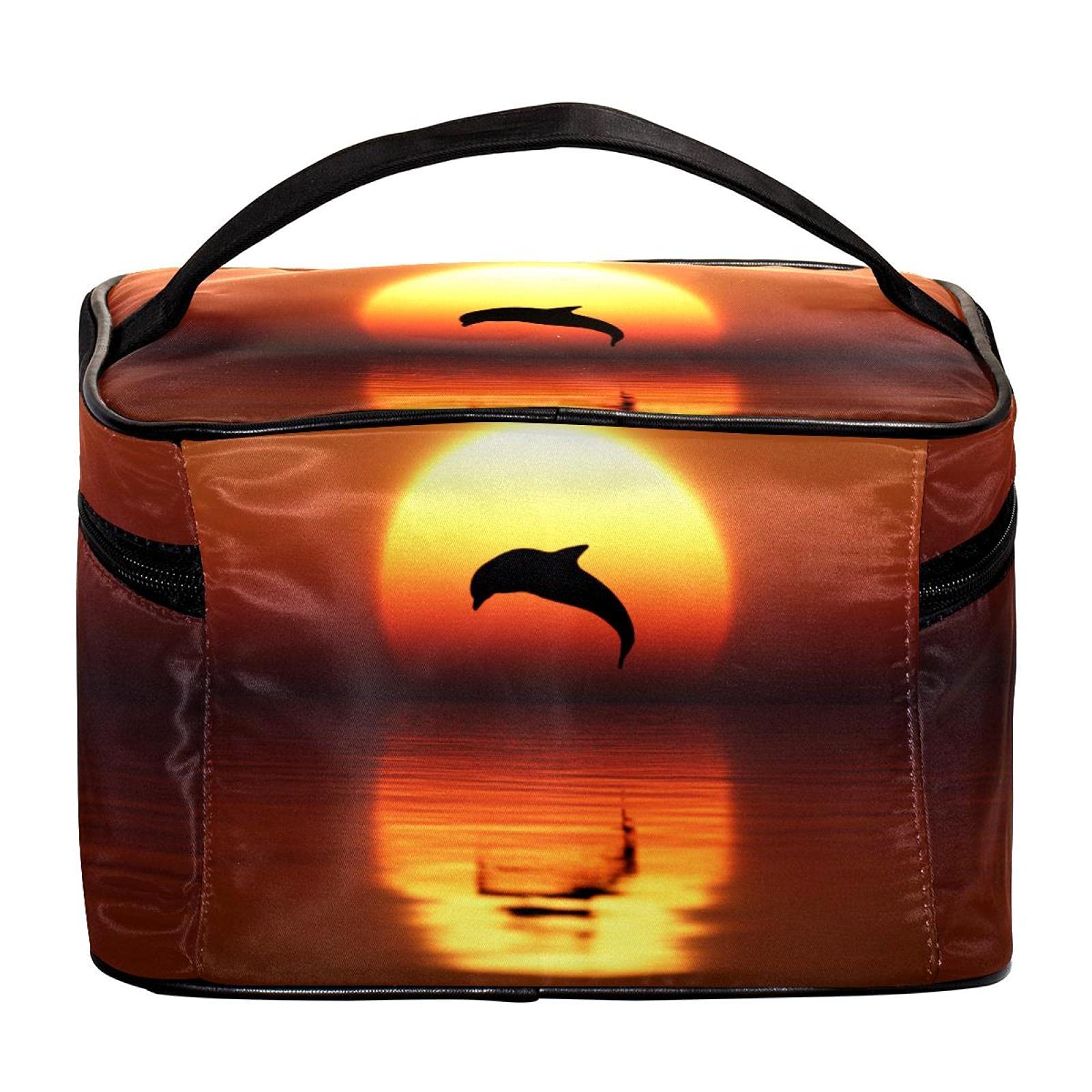 Waterproof Large Travel Makeup Bag with Dolphin Sunset Print - Cosmetic Organizer Case with Zipper for Women & Girls - Perfect for Beach Trips, Vacations & Daily Use