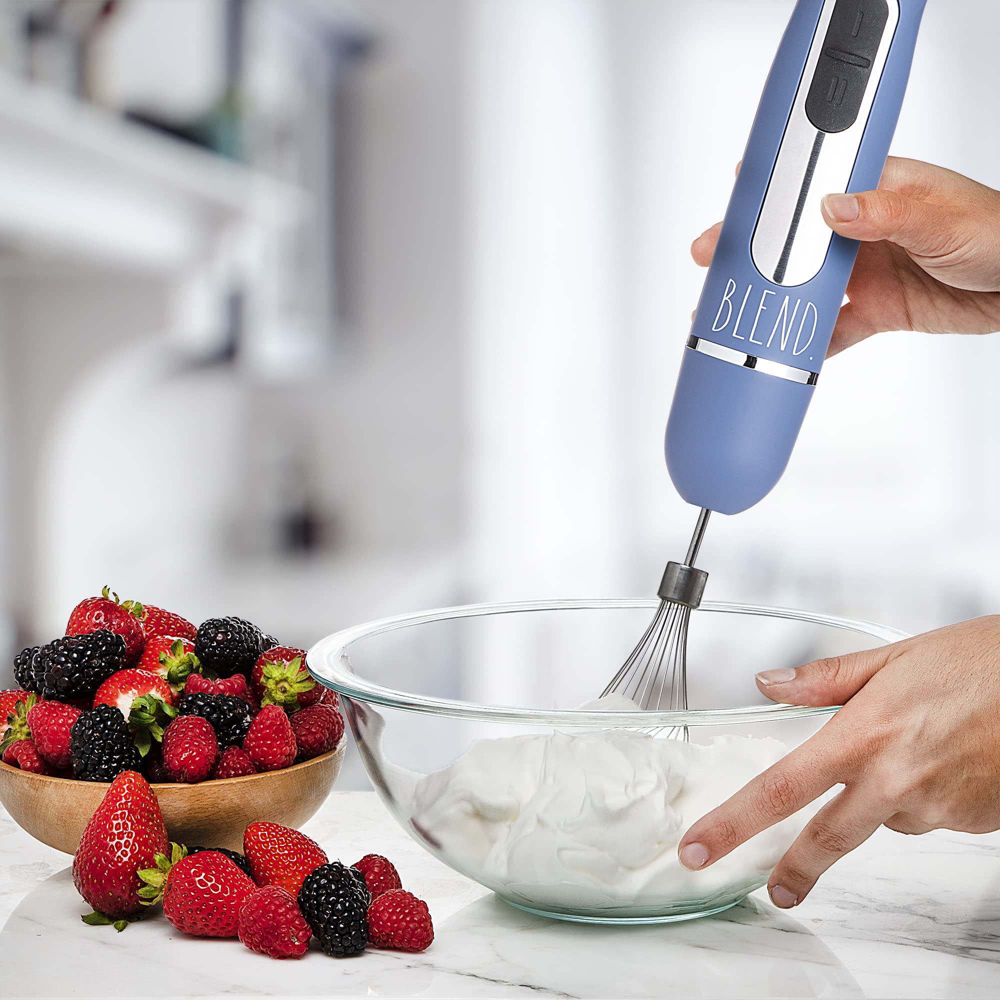 Rae Dunn Immersion Hand Blender - 500W 2-Speed Handheld Blender with Stainless Steel Blade, Includes Egg Whisk & Milk Frother Attachments (Navy Blue) - Perfect for Smoothies, Soups, Sauces & Whipping Cream at Home