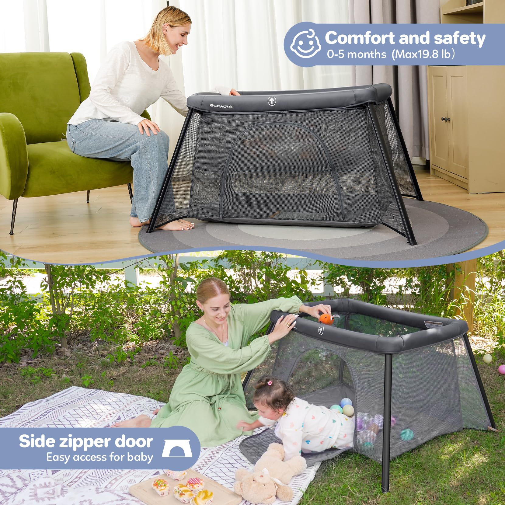 ELEMARA 3-in-1 Portable Baby Travel Crib with Comfort Mattress - Lightweight Foldable Playard for Toddlers | Easy Setup Indoor Outdoor Playpen | Perfect for Home, Travel & Camping Use