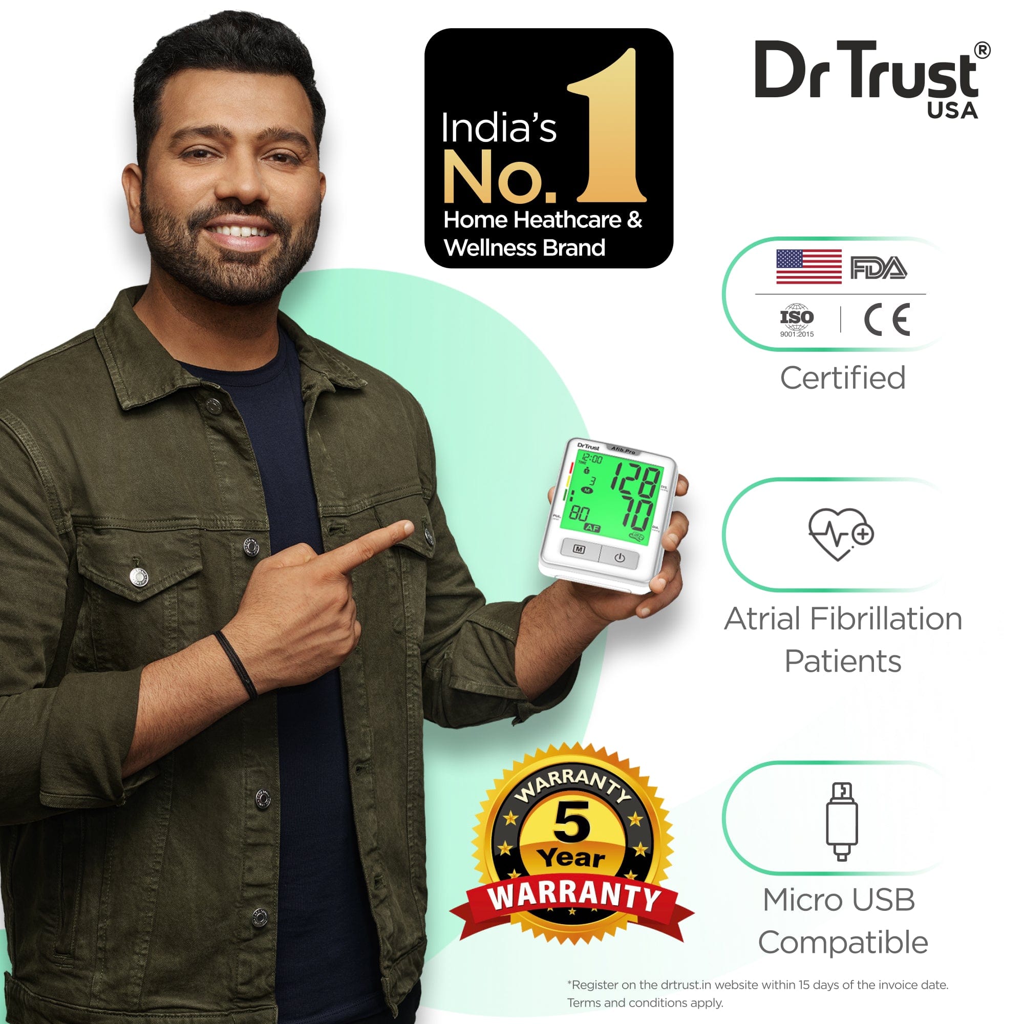 Dr Trust USA Afib Pro Atrial Fibrillation Digital Blood Pressure Monitor with Irregular Heartbeat Detection - Home Use for Heart Health Monitoring