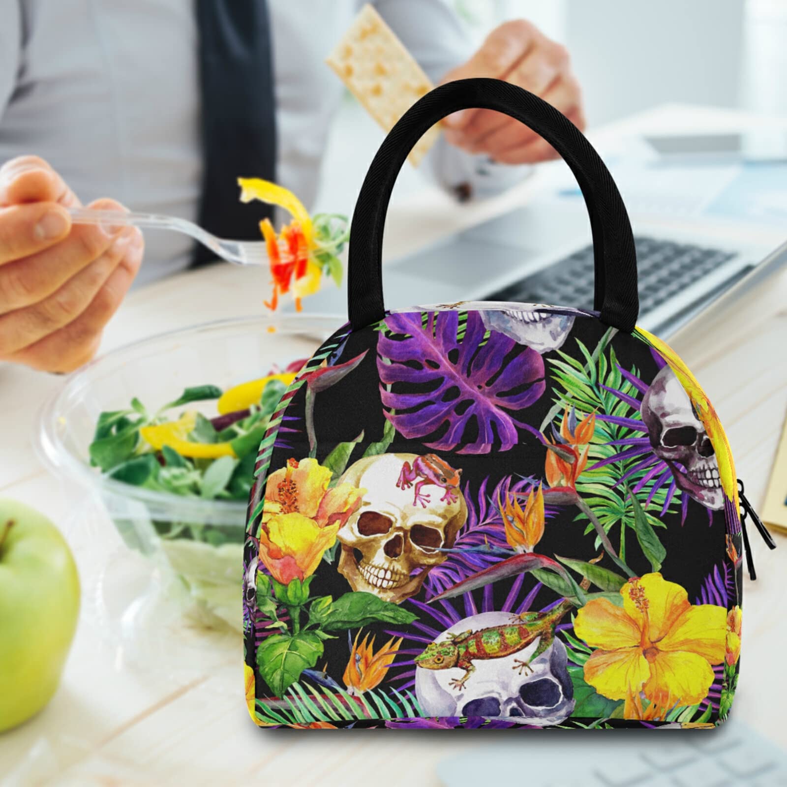 **Insulated Lunch Bag with Sugar Skull & Tropical Flower Design - Leakproof Zippered Lunch Tote for Women & Men - Large Cooler Bag with Front Pocket - Perfect for Work, School, Picnics & Travel**