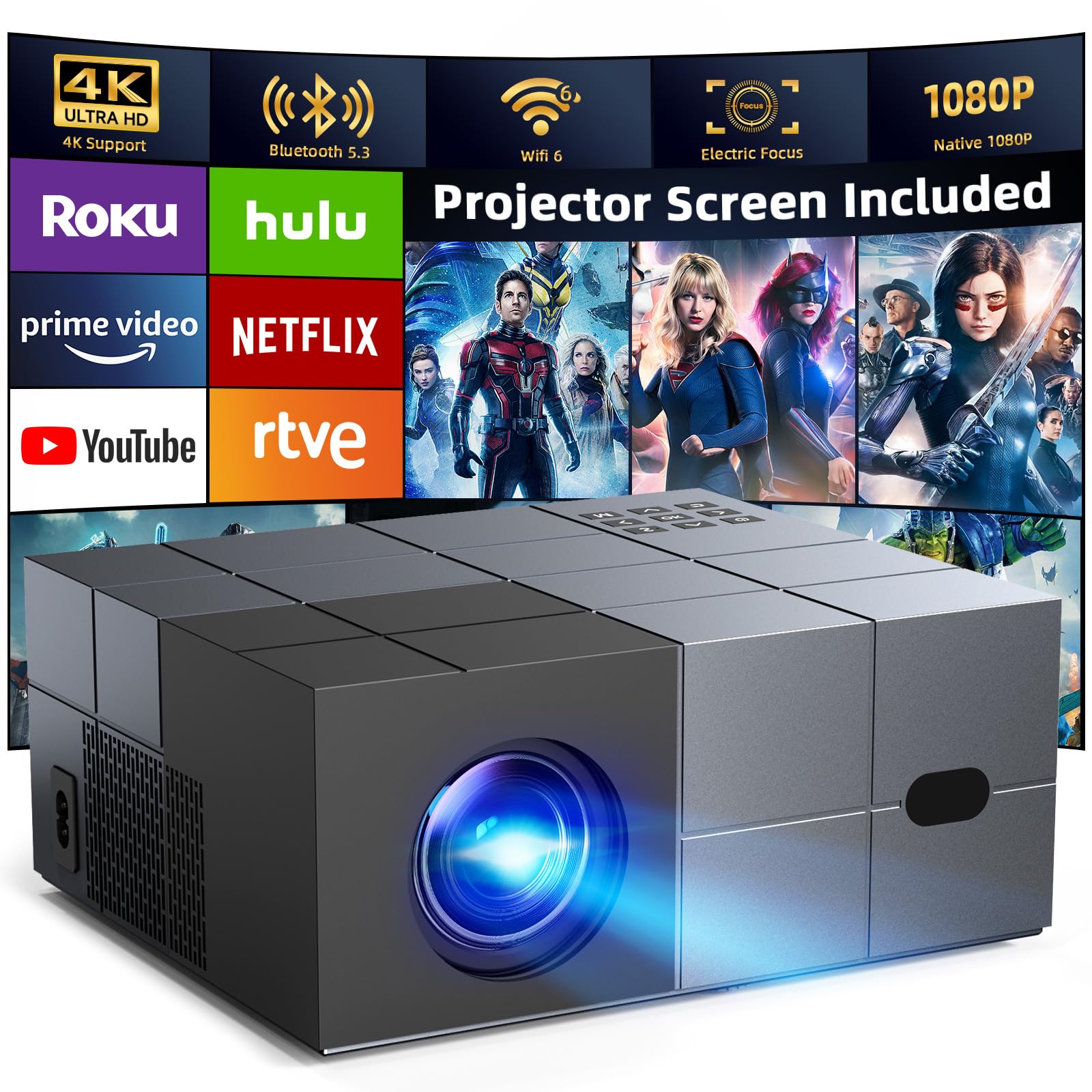 YOWHICK 20000LM Native 1080P WiFi Bluetooth Projector - 4K Supported Portable Smart Home Theater Movie Projector with Screen for iPhone/Android/HDMI/USB/TV Stick (Grey) - Perfect for Indoor Movies, Gaming & Outdoor Camping Entertainment