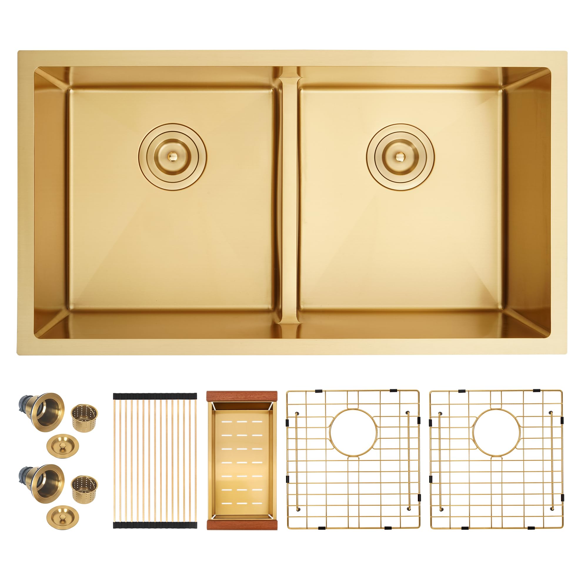 Premium 16 Gauge Stainless Steel Undermount Kitchen Sink - 50/50 Double Bowl Gold Finish with Accessories (32