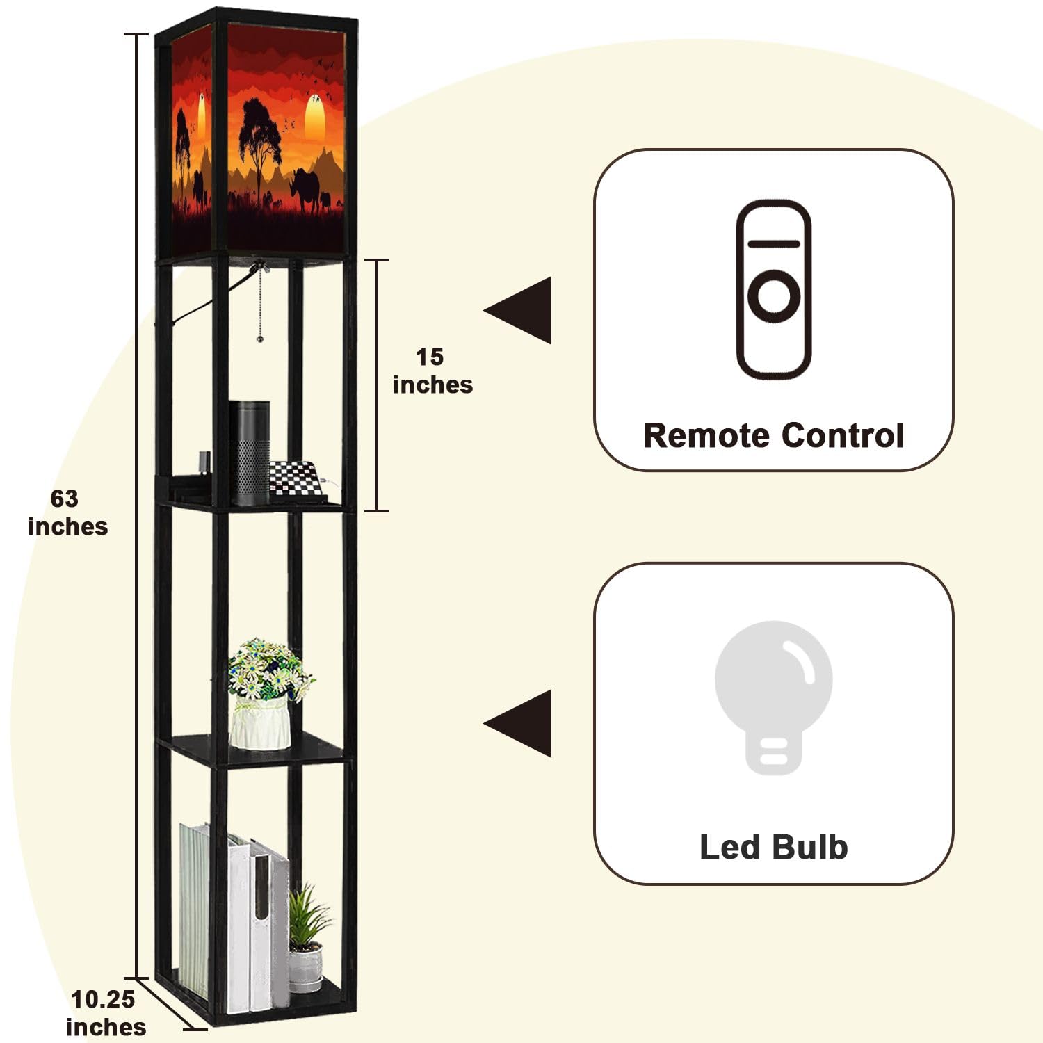 Modern Floor Lamp with Shelves - USB Ports & Power Outlet, Silhouette Wild Sunset Animal Design - Tall Standing Corner Lamp for Living Room, Bedroom, Office - Perfect for Reading, Nightstand Lighting & Home Decor