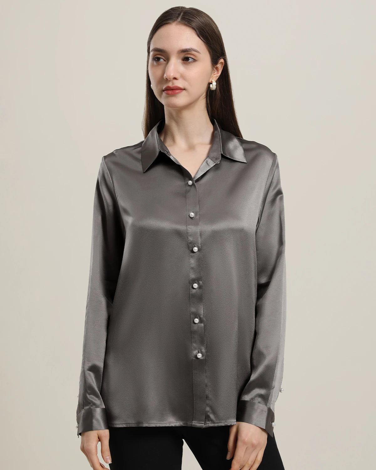 Elegant Women's Classic Pearl Button Silk Shirt - Premium Blouse for Office, Party & Formal Occasions