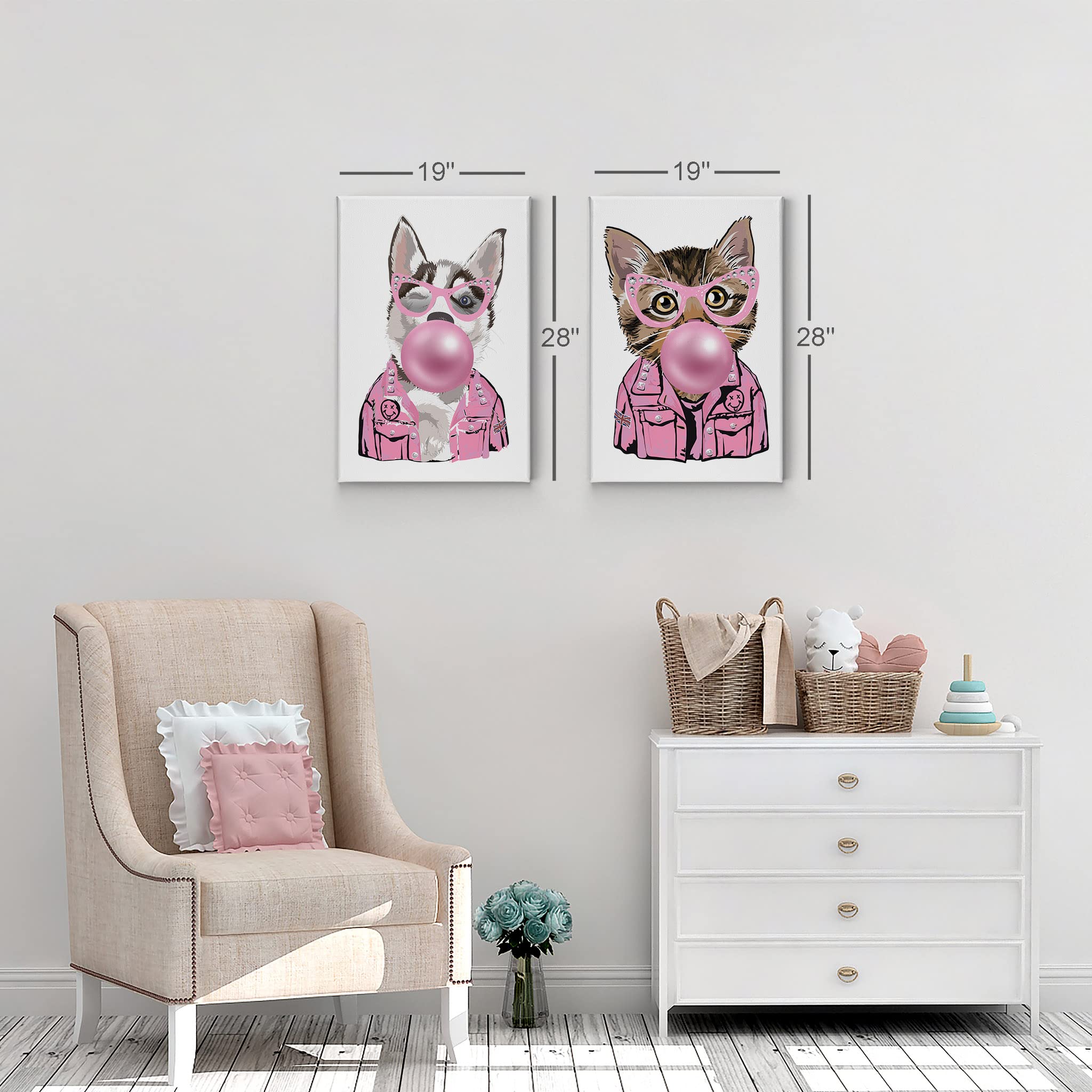 Smile Art Design Husky Dog and Cat Chewing Pink Bubble Gum - 2 Piece Canvas Wall Art Print Set (40x30 Inches) - Animal Pop Art for Living Room, Bedroom, Nursery & Kids Room Decor - Perfect for Pet Lovers & Modern Home Styling