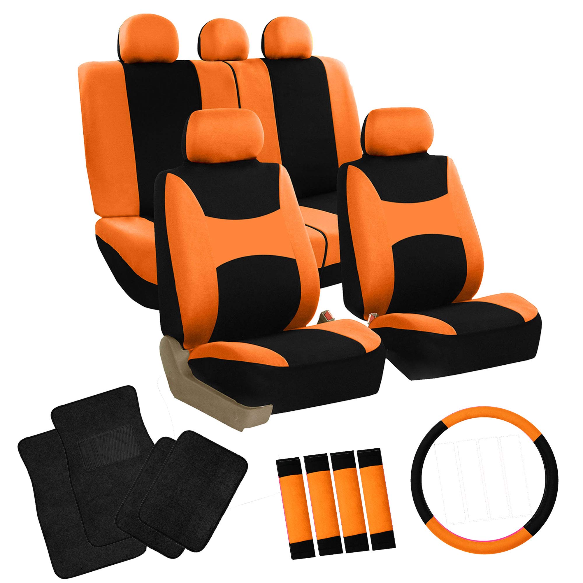 FH Group Universal Fit Car Seat Covers with Airbag Compatibility - Full Set Includes Split Rear Breezy Cloth Covers & Floor Mats | Orange Automotive Interior Protectors for Cars, SUVs & Trucks | Perfect for Daily Commutes, Road Trips & Family Protection
